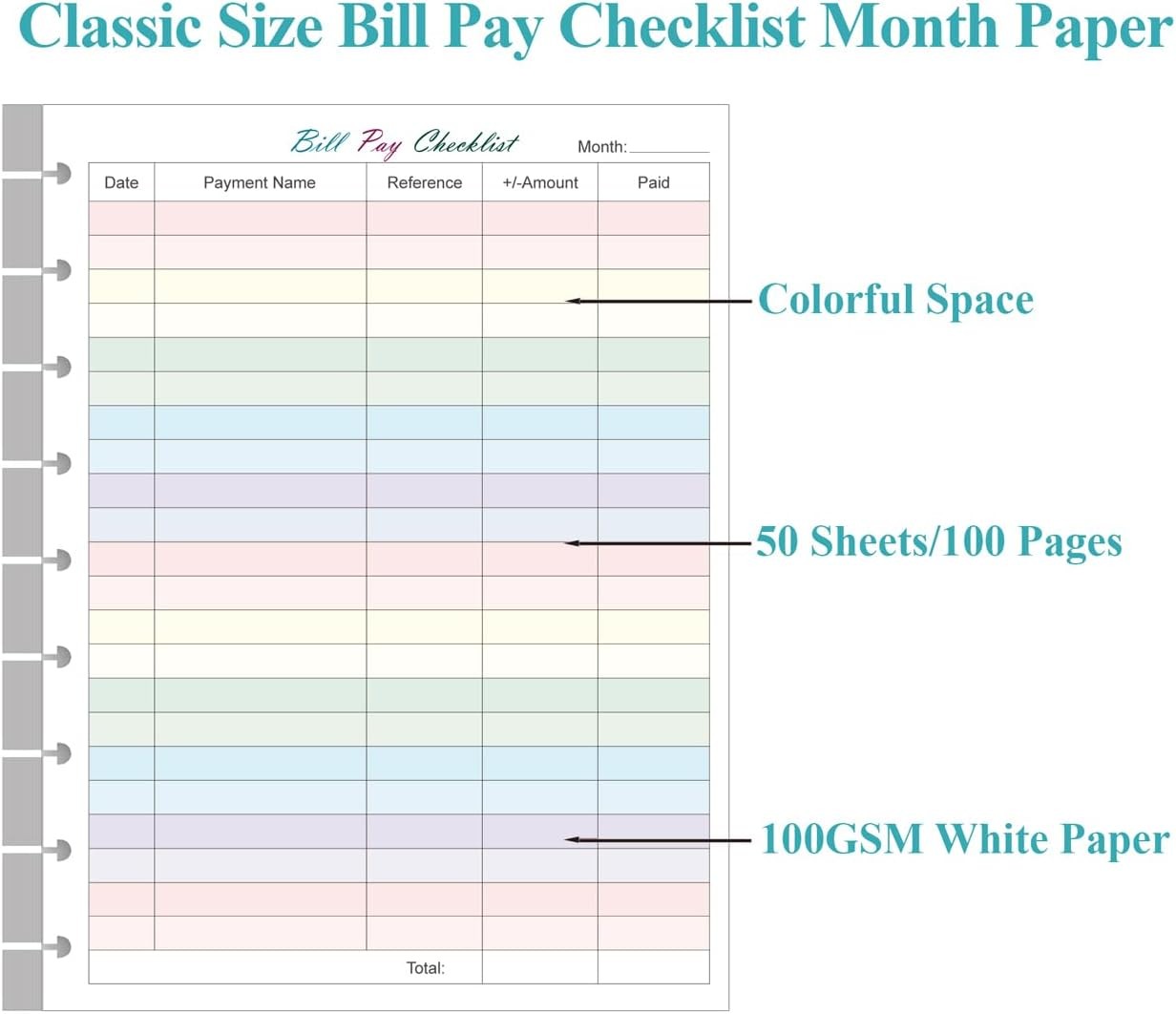 Bill Pay Checklist Refills – 50 Sheets/100 Pages Classic 50 Sheets, Colorful