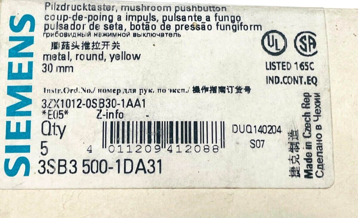 SIEMENS 3SB3500-1DA31 Pushbutton (5 Pcs In 1 Box)