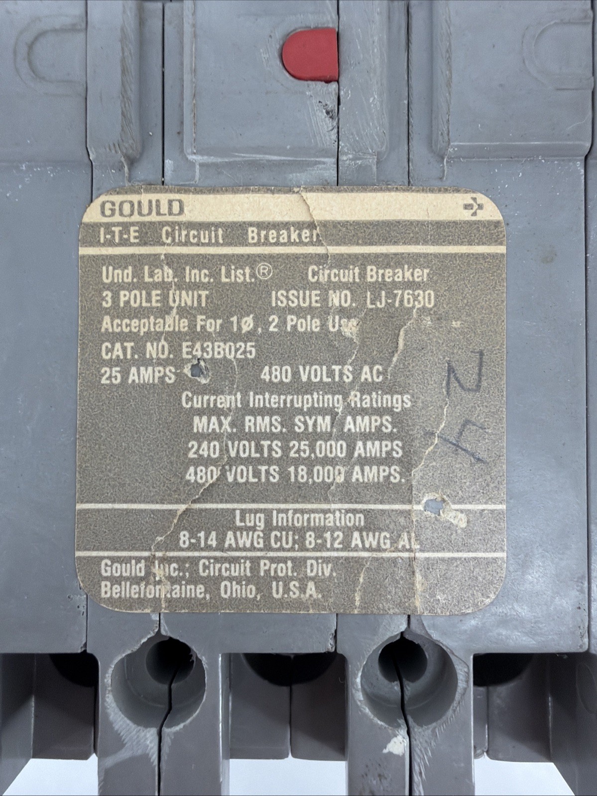 Gould E43B025 Circuit Breaker, 25 Amps, 2 Pole, 480 VAC, 1 Phase