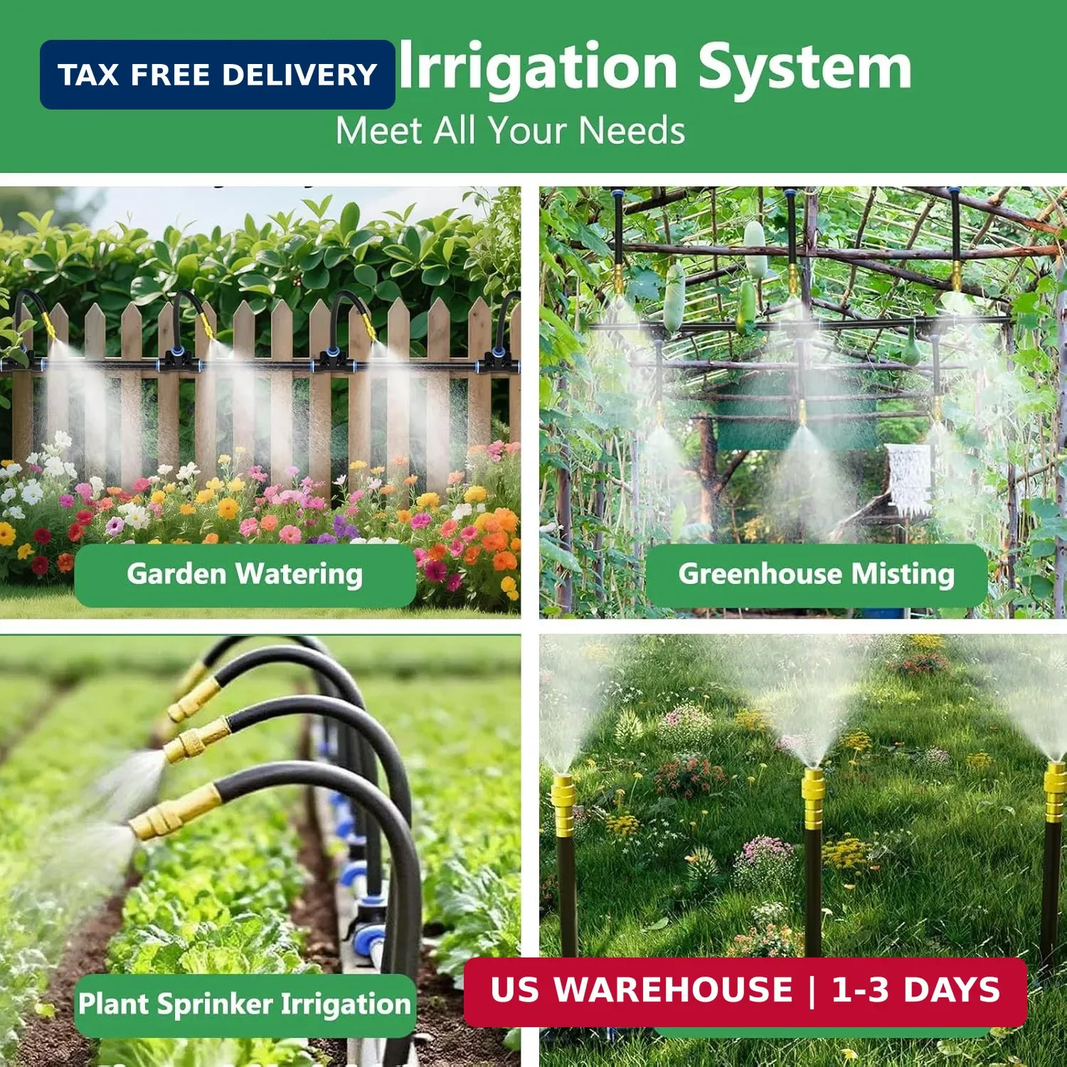 100FT Drip Irrigation System, 1/4 Inch Hose with 360° Adjustable Copper Nozzles
