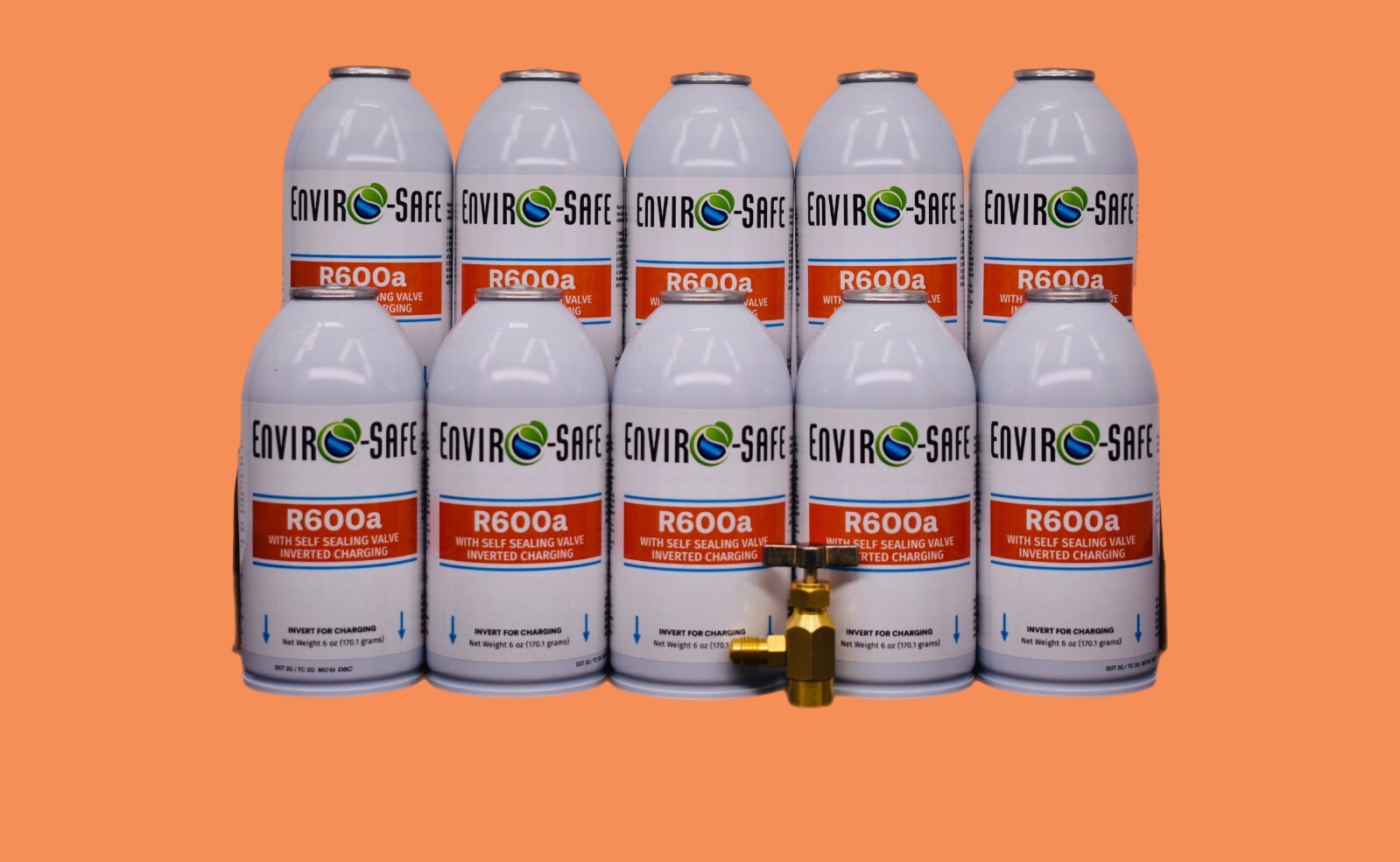 Enviro-Safe R600a Refrigerant w/ k28 Self-Sealing Cap | 10 Cans + Top Tap