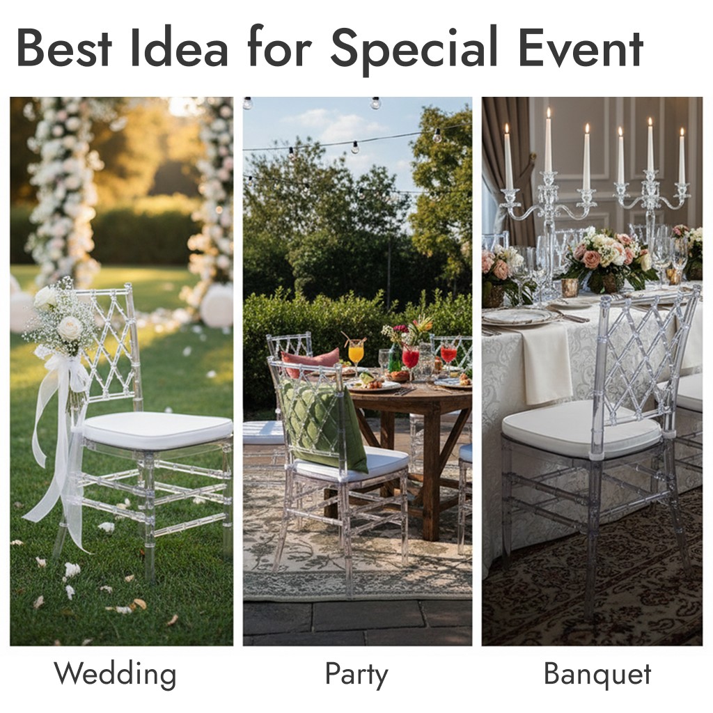 Set of 3 Acrylic Event Chair with Cushion for Wedding – No Assembly Required.