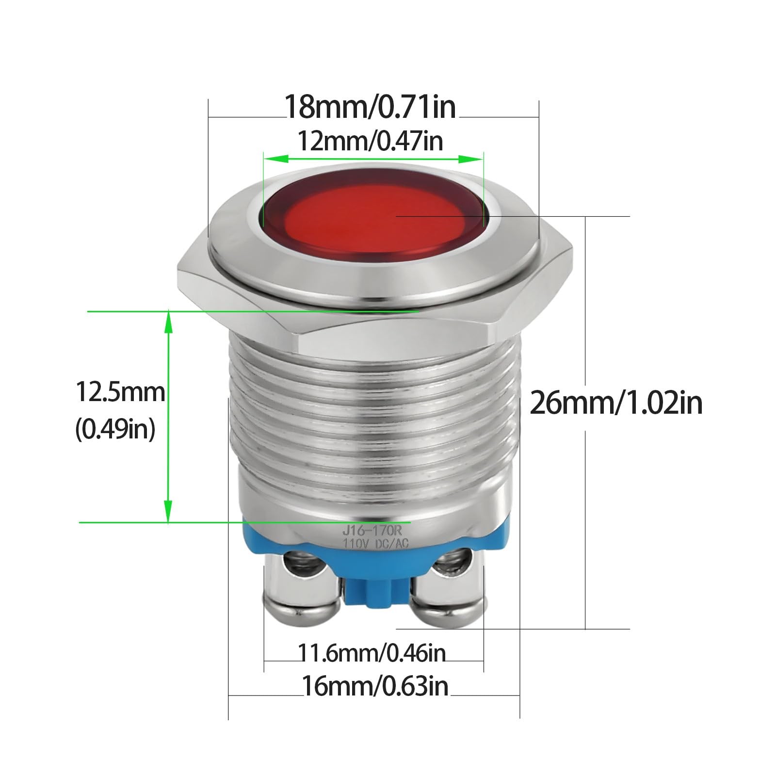 16mm 5/8in Indicator Light Stainless Steel 304 12V-24V 12-24 V AC/DC, Red