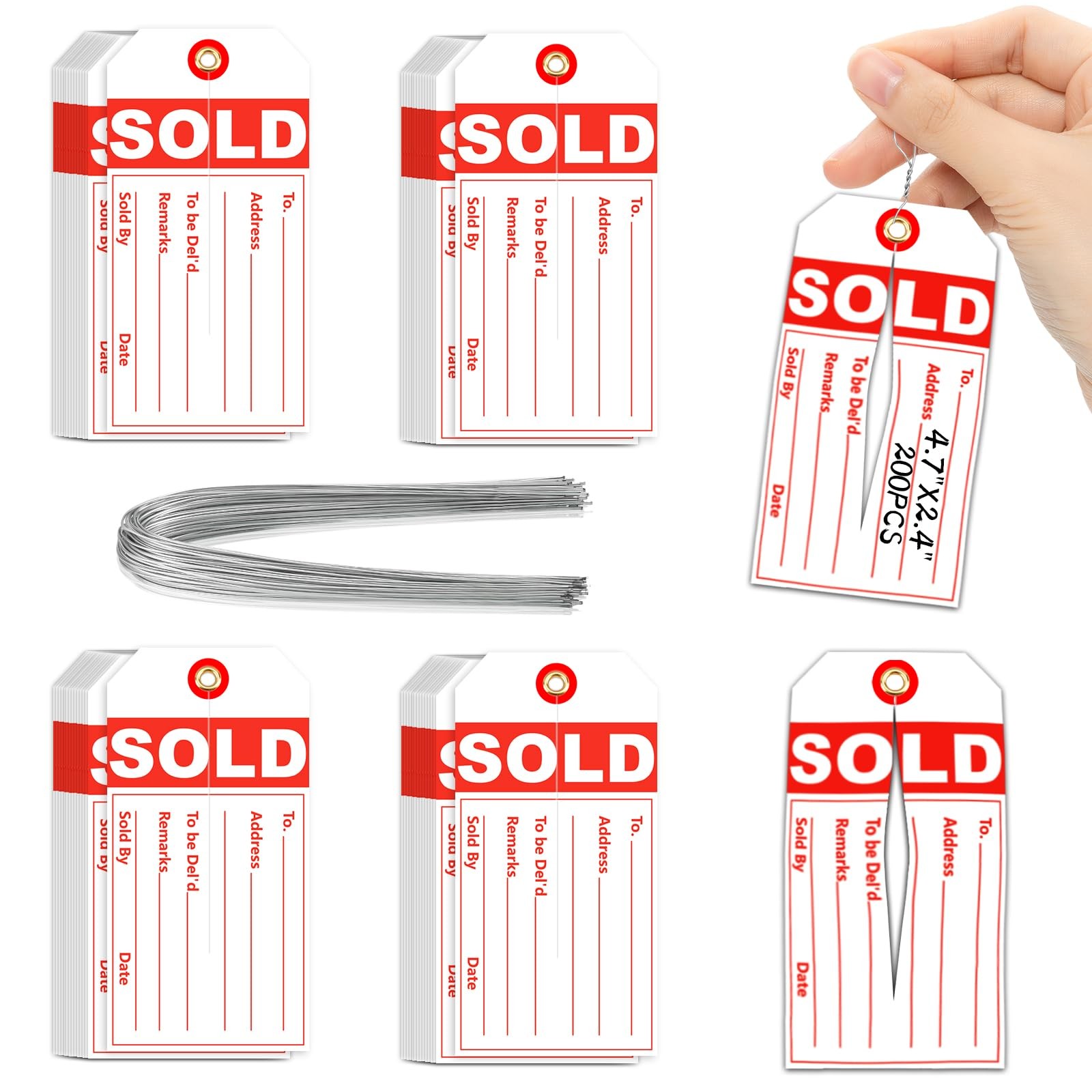 200 PCS White Red Sale Sold Tags Center Slit Wire 5mm Hole 2 3/8 x 4 3/4 In