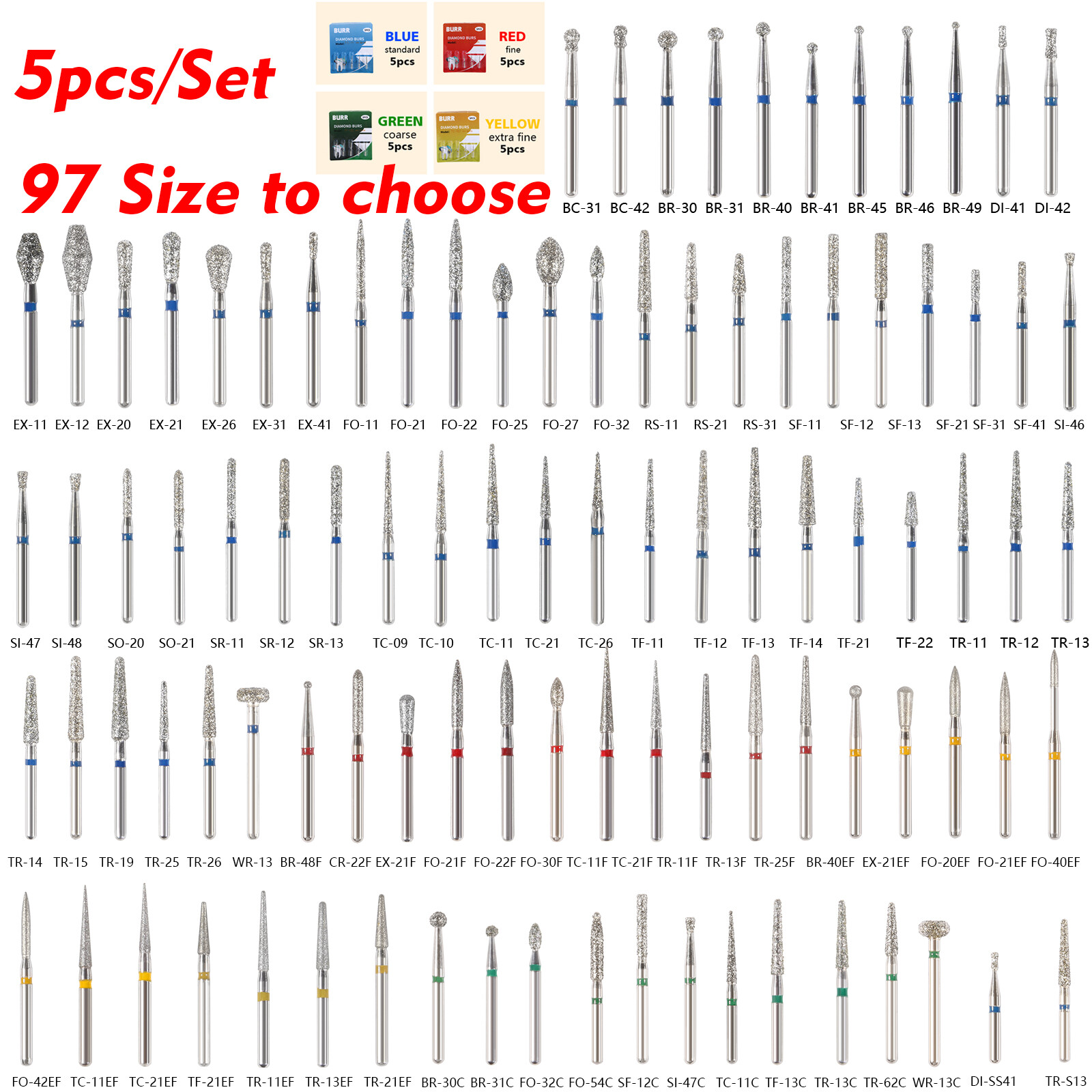 5Pc/pack Dental Fresas de diamante Bur Fit High Speed Handpiece Friction Grip DS