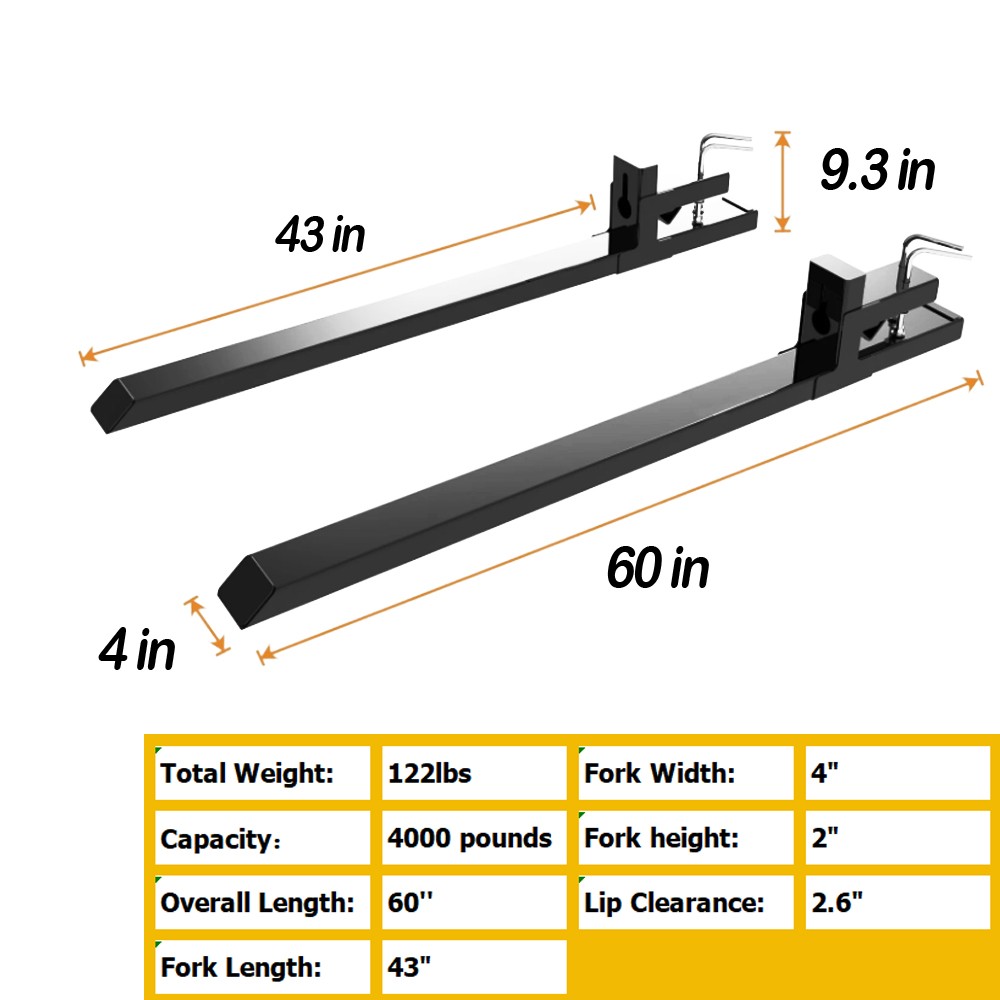 LandHonor 60in Clamp On Pallet Forks Pack 4000lbs Bucket Attach Tractor Clip-on