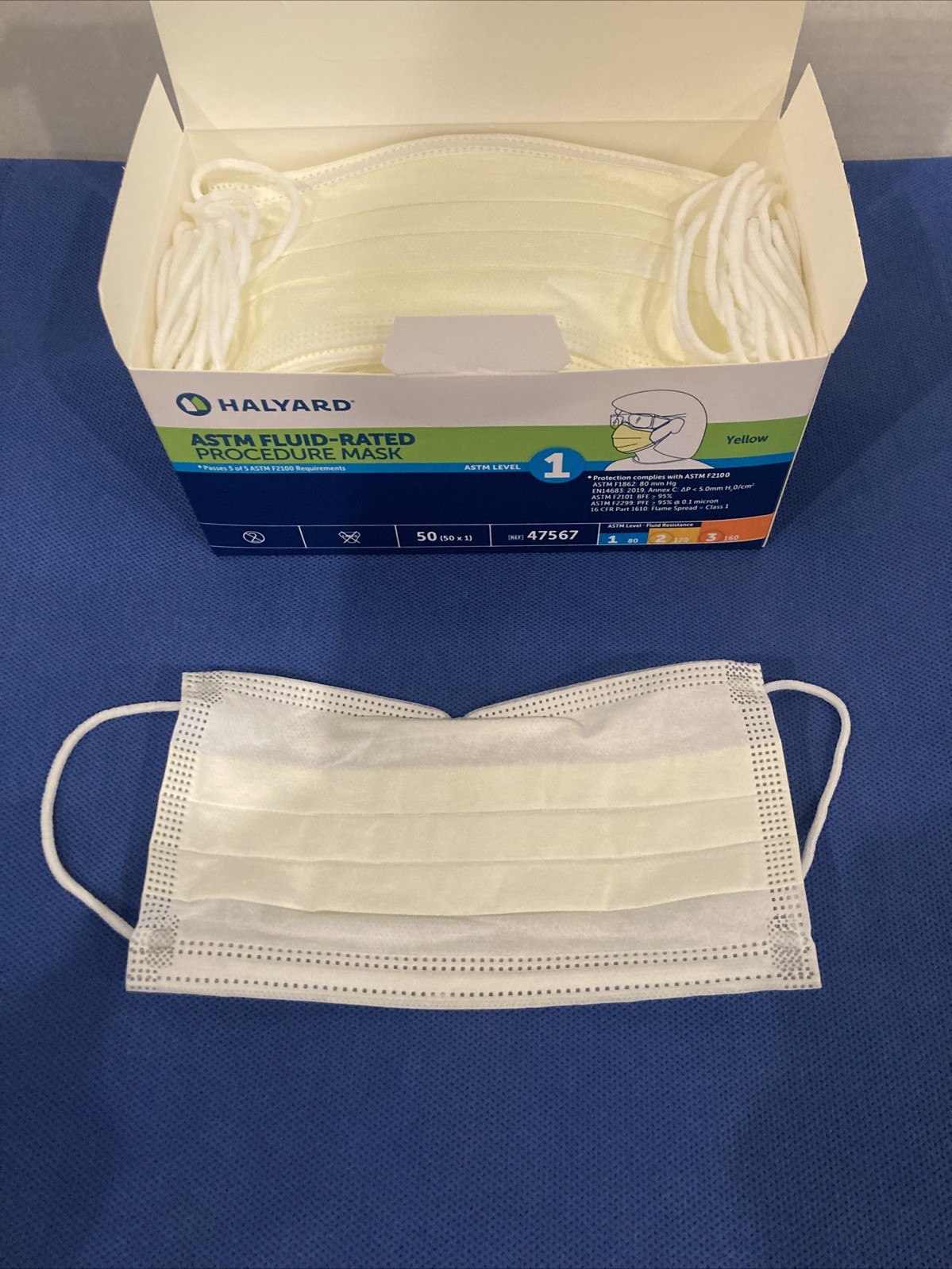 HALYARD 47567 Level 1 Disposable Procedure Mask, Earloops, Yellow, 50 Count Lot