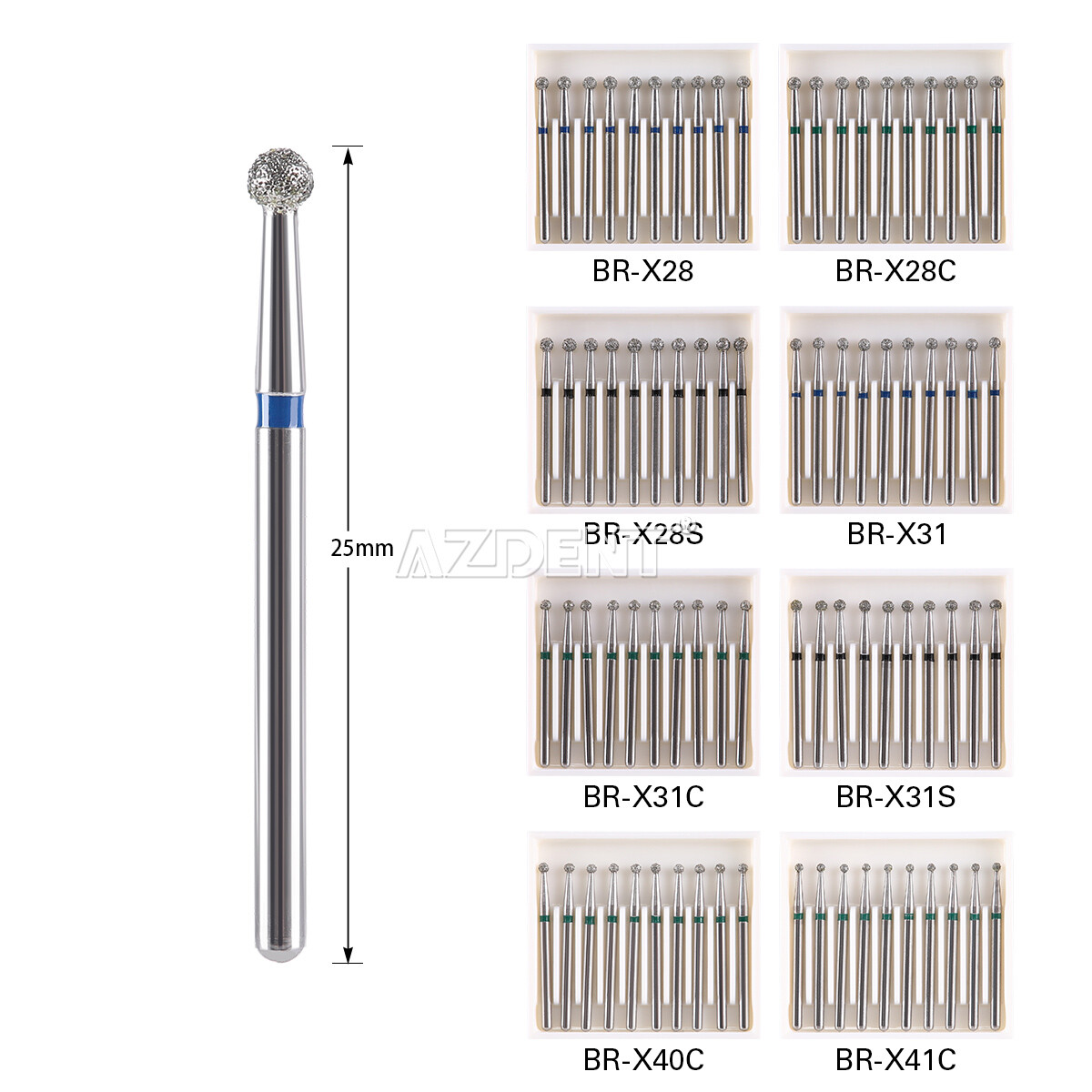 AZDENT 100pcs Dental Diamond Burs Ball Round FG 1.6mm for High Speed Handpiece