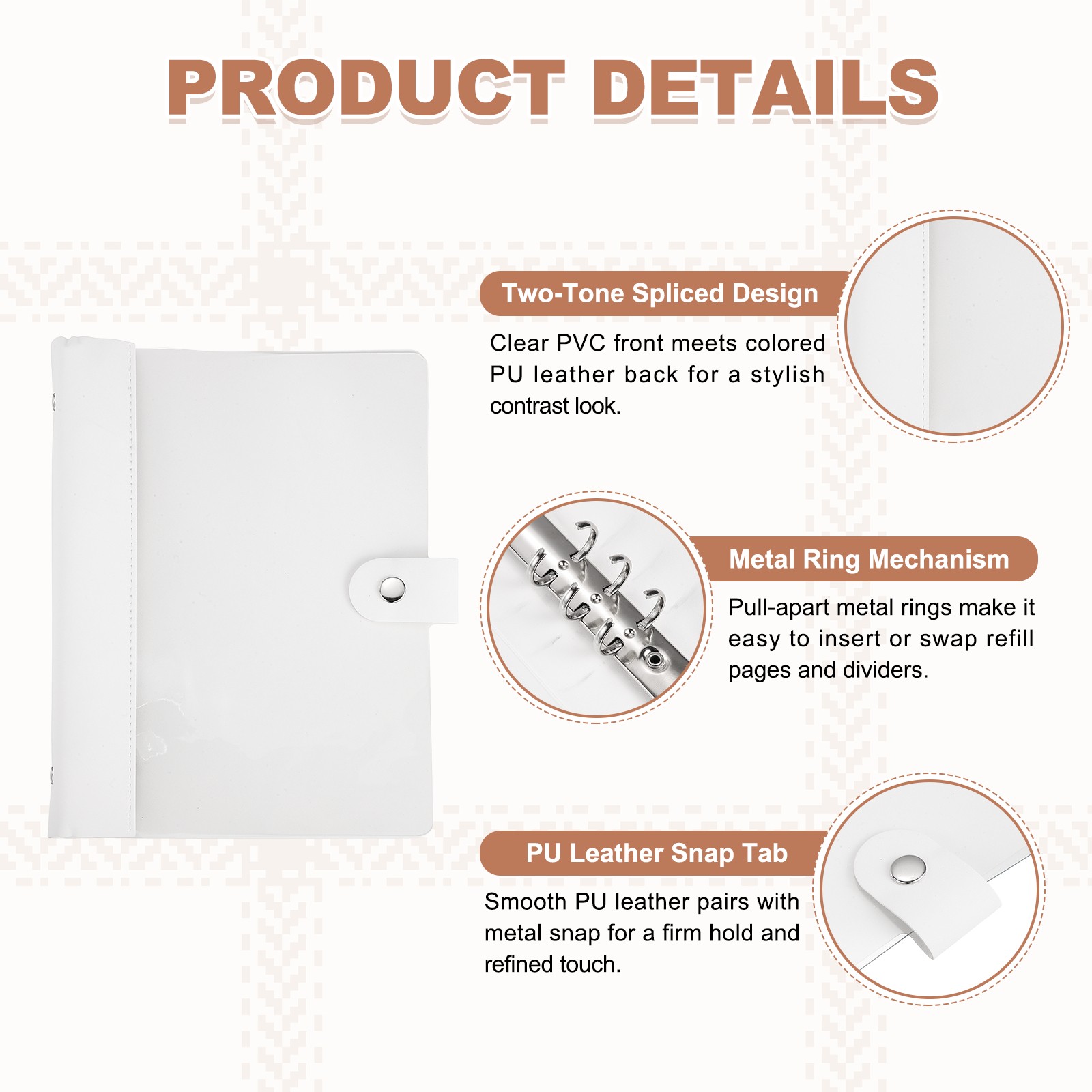 A5 PU Leather Binder Cover, 6 Round Ring Clear Soft PVC Binder Cover, White