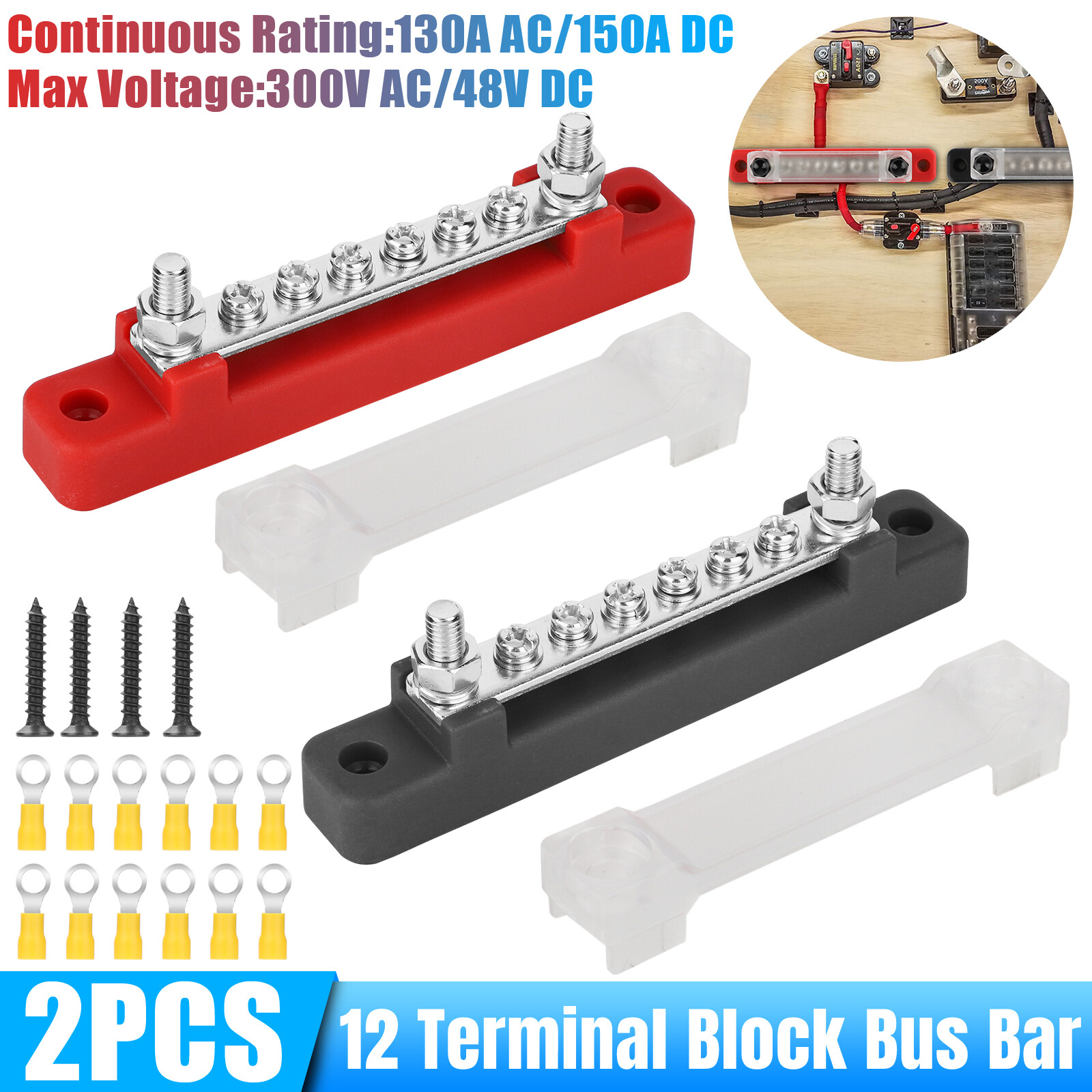 6 Way Power Distribution Bus Bar Terminal 150A Screws Battery Block for Car Boat