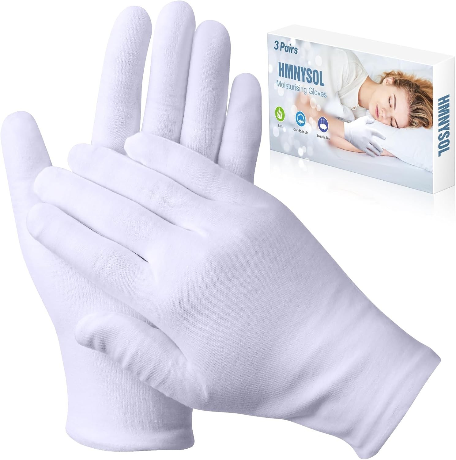 Gentle 100% Cotton Gloves for Dry Hands – 3 Pairs for Nighttime Moisturizing
