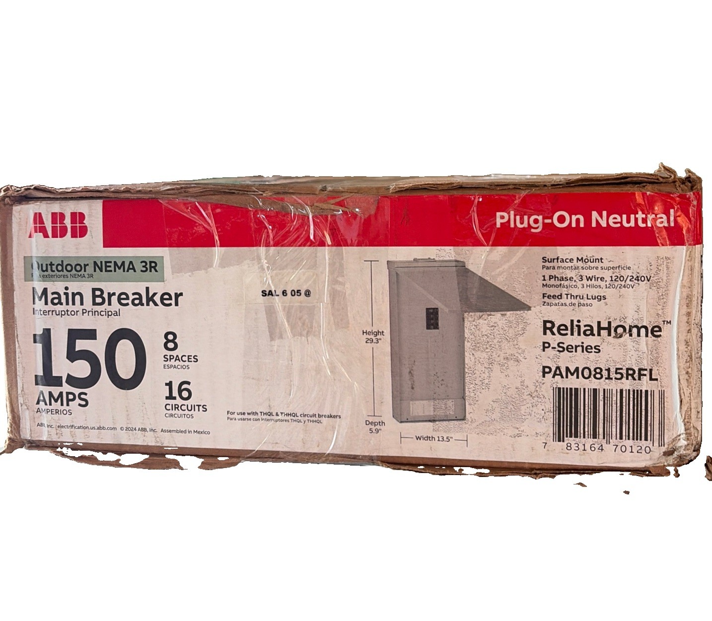 ABB 150A 8/16 Main Breaker Panel Outdoor PAM0815RFL PlugOn Neutral Feed Thru Lug