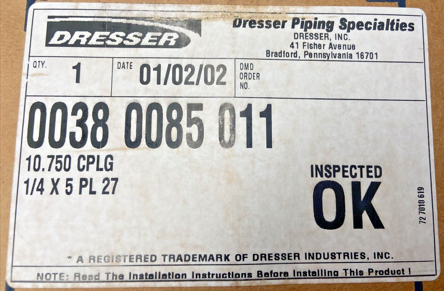 Dresser DMD 14″x5″x10.75″ 14In X 5In 10.75In Pipe Coupling New In Box