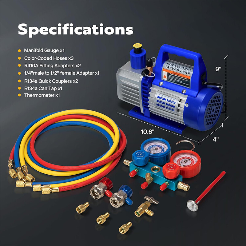 Combo 3.5cfm 1/4hp Air HVAC Vacuum Pump Kit & A/C Manifold Gauge Set with Case