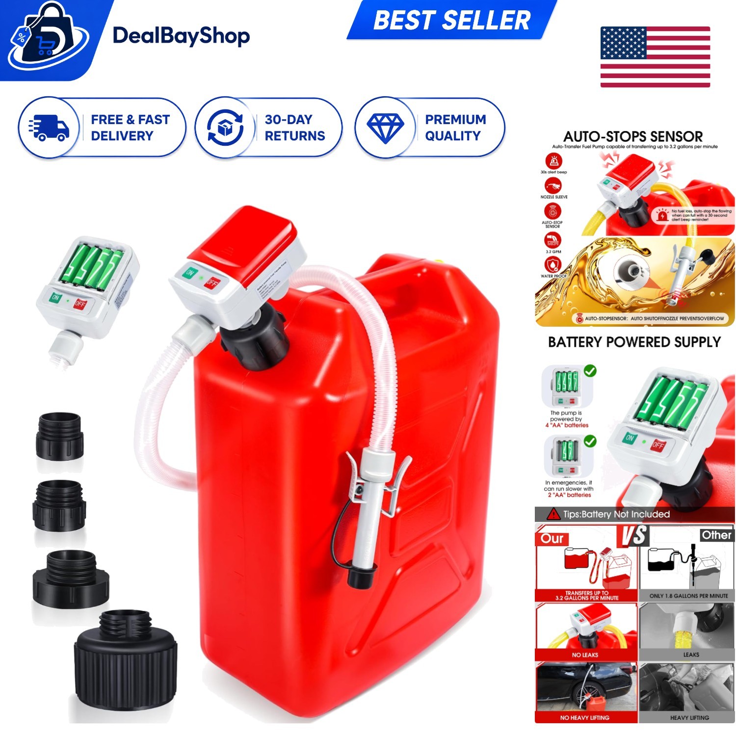 3.2GPM Auto-Stop Sensor Pump with 51″ Hose & 4 Adapters for Efficient Refueling