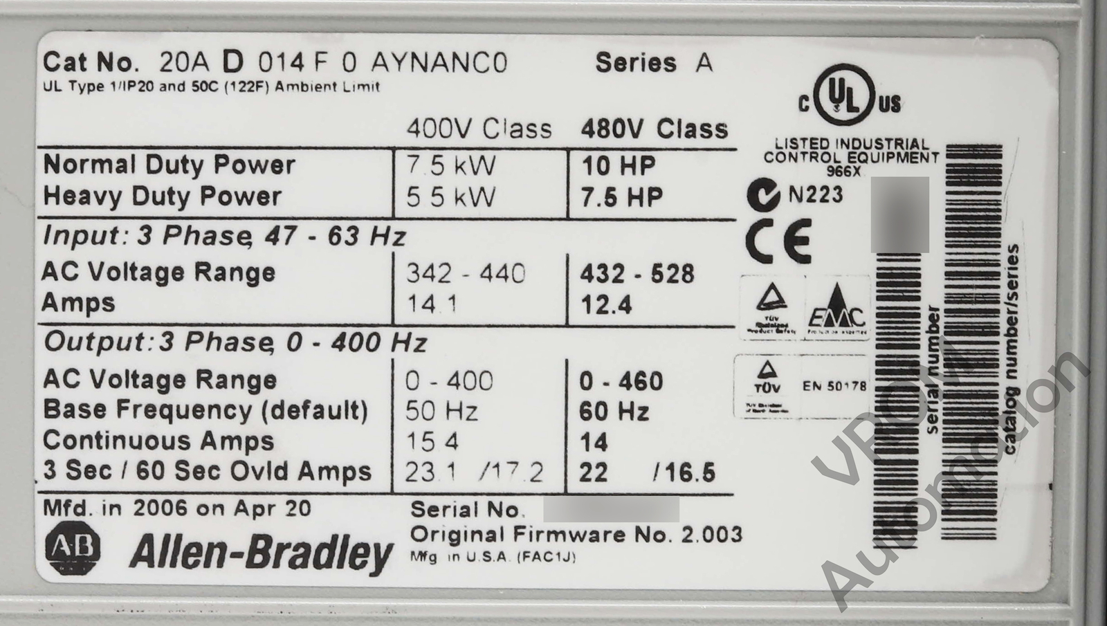 Surplus Allen Bradley 20AD014F0AYNANC0 /A PowerFlex 70 480V 14A 10HP Normal Duty