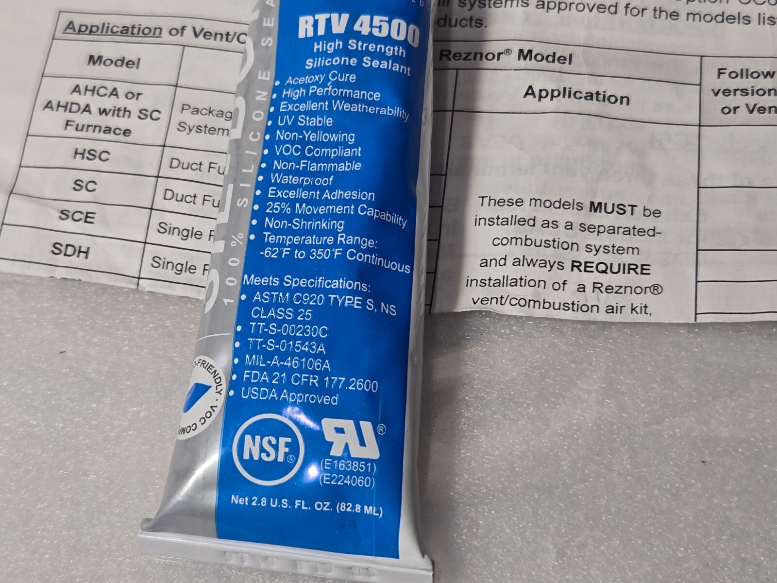 3 SILCO RTV 4500 High Strength Silicone Sealant NSF Grade, for REZNOR HVAC Vents