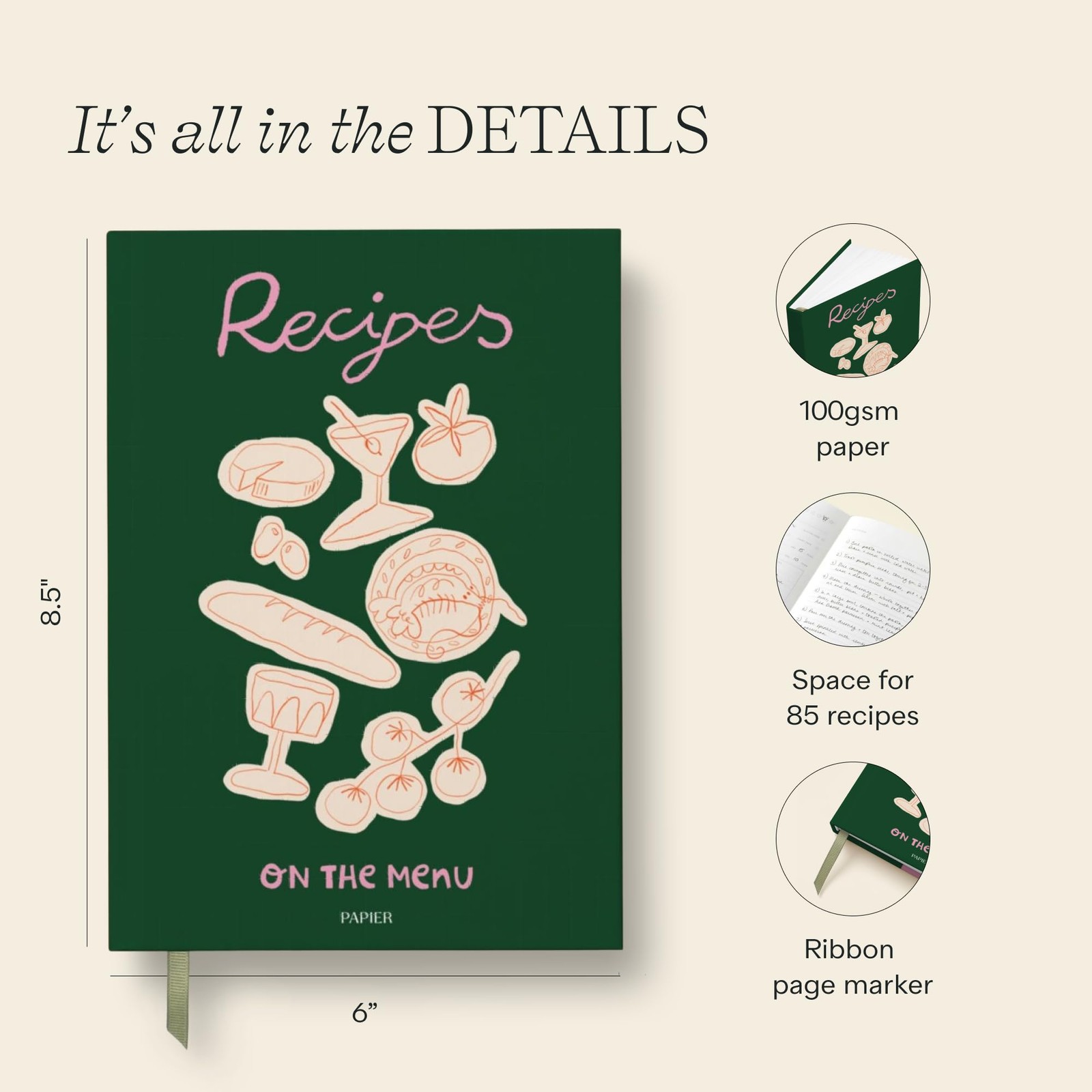 Papier Al Fresco Recipe Journal – Hardback | A5 – 8.46″L x 6.02″W, Green