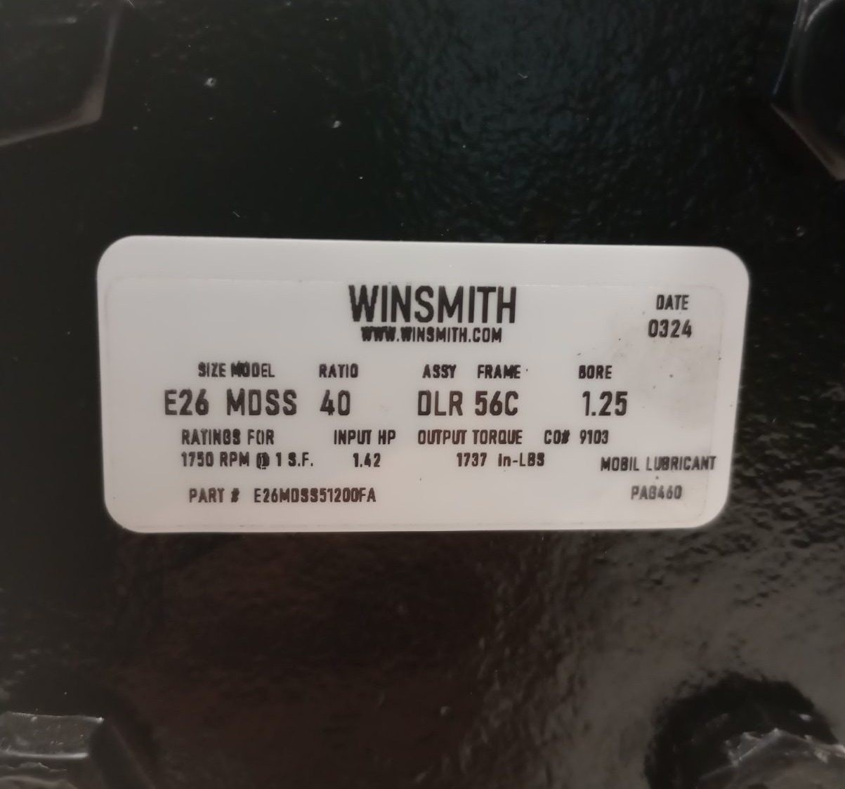 Winsmith E26MDSS51200FA Gear Box E26MDSS-40-DLR-56C 1737In-Lb 1.42hp Ratio 40:1