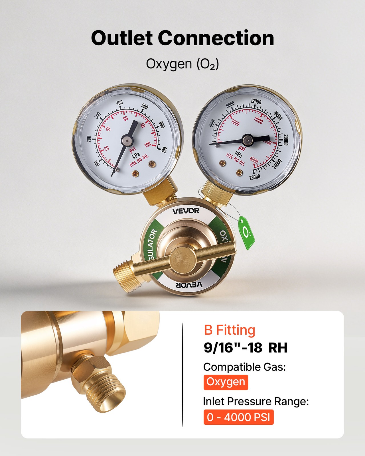 VEVOR Oxygen Regulator 0-4000PSI Welding Gas Gauge with CGA-540 Inlet Connection