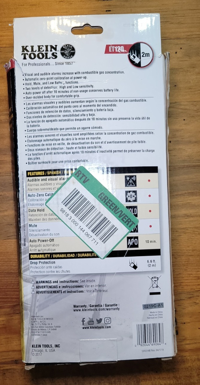 Klein Tools ET120 Combustible Gas Leak Detector – New Open Box