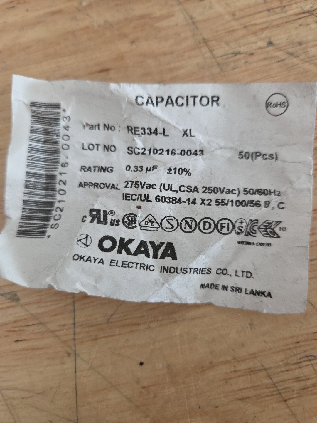 OKAYA-RE334- 275VAC, 0.33μF, 10% Tolerance Capacitor (50 Pcs)