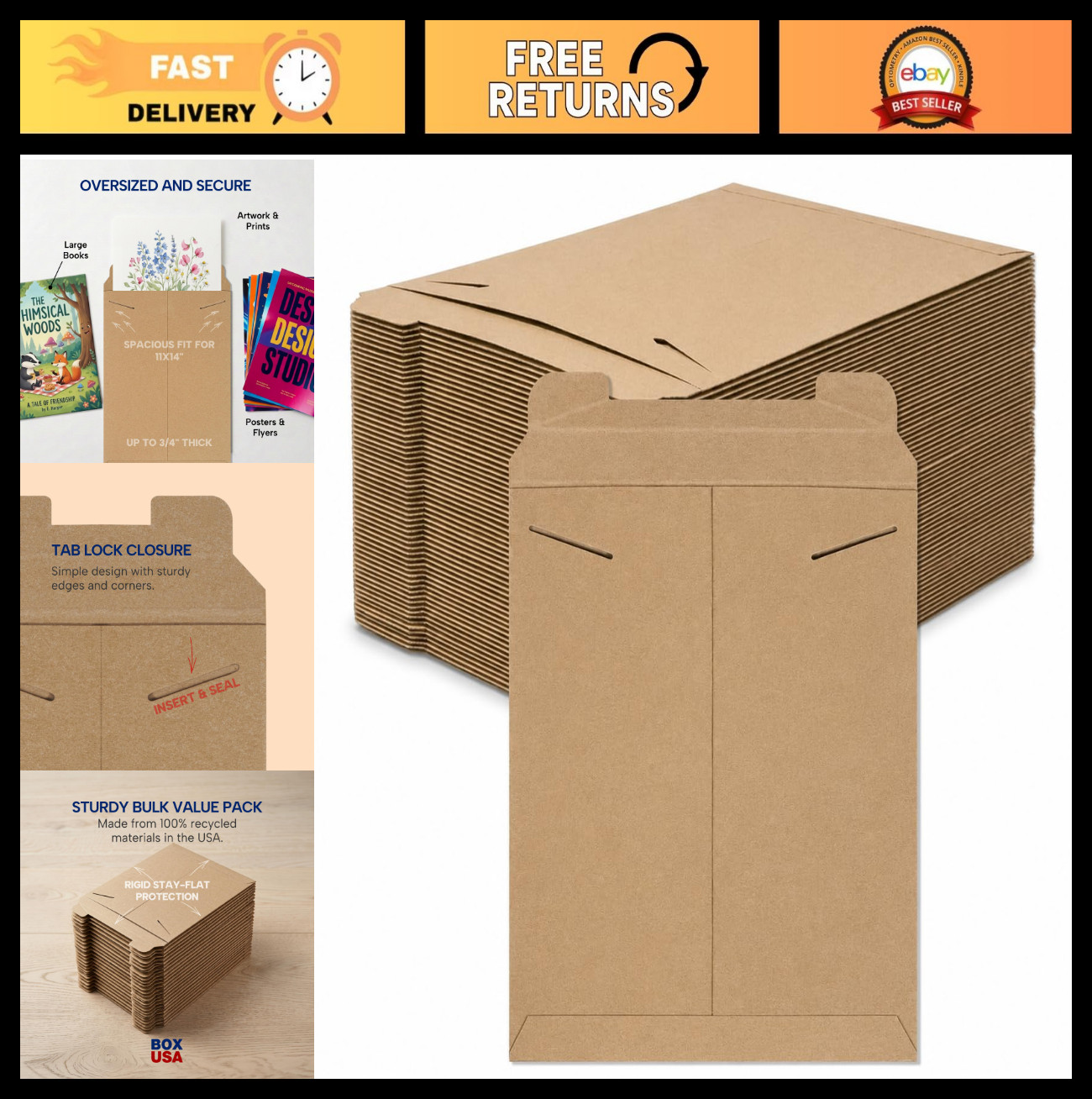 Rigid Mailers 12″ x 15″ (100-Pack) – Kraft Envelopes for Photos, Documents, Artw