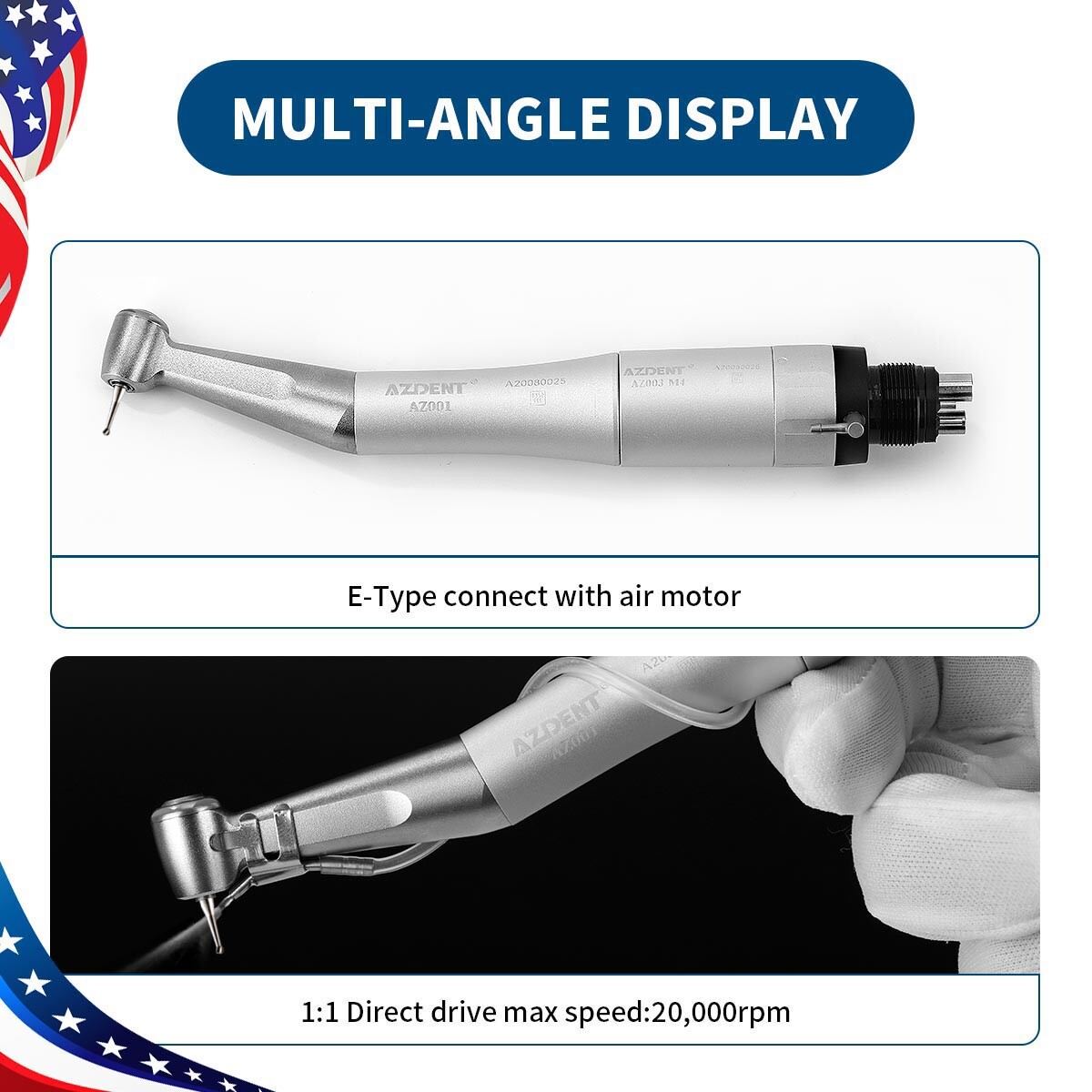 AZDENT Dental 1:1 Direct Drive Slow Speed Contra Angle Handpiece Push Button