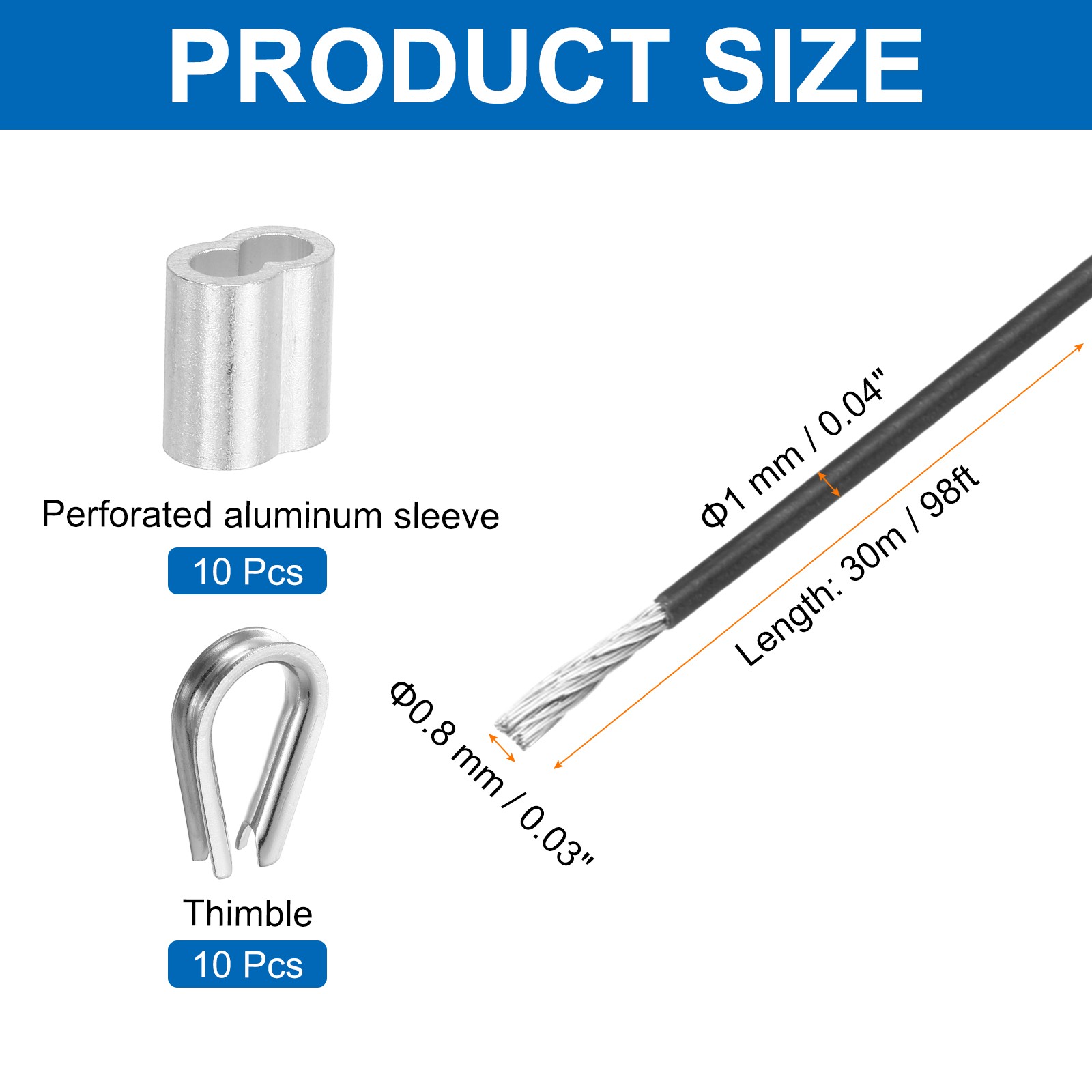 98Ft(30M) Wire Rope Stainless Steel Cable 1/24″ 10pcs Sleeves & Thimble Black