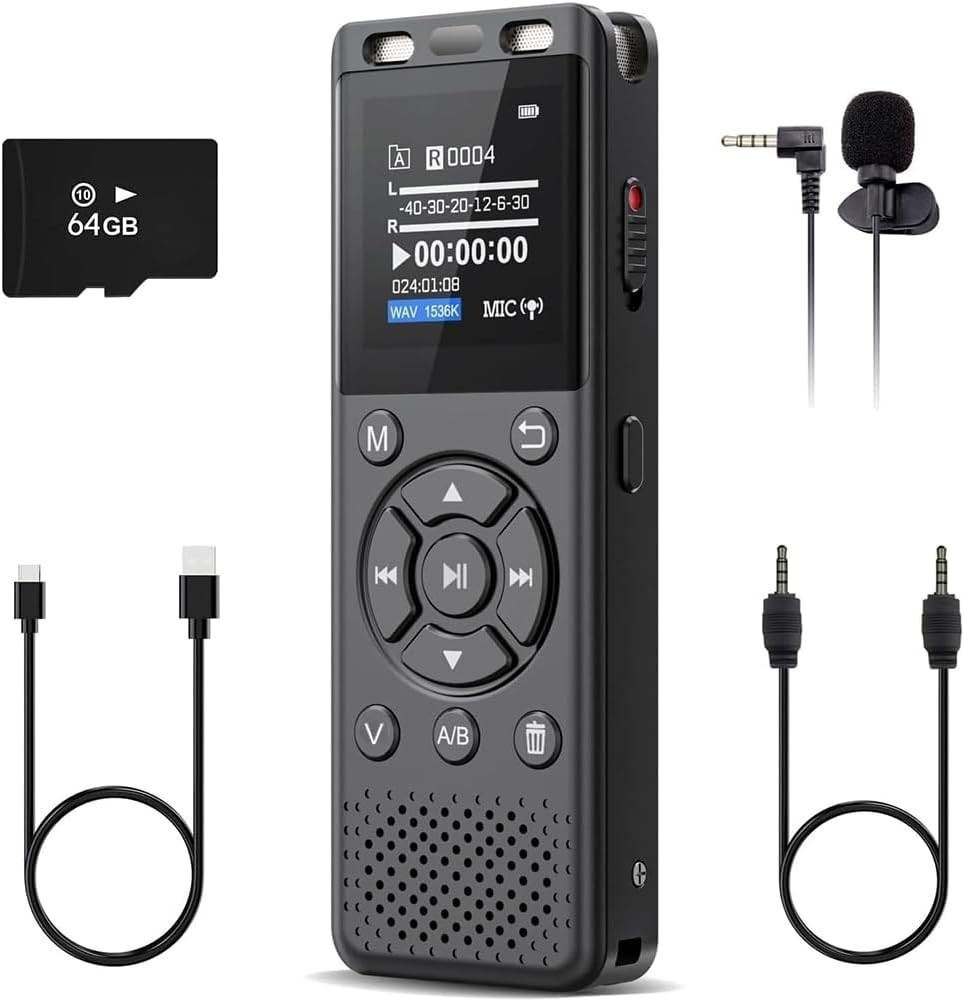 64GB Digital Voice Recorder with Playback & Voice Activation for Professionals
