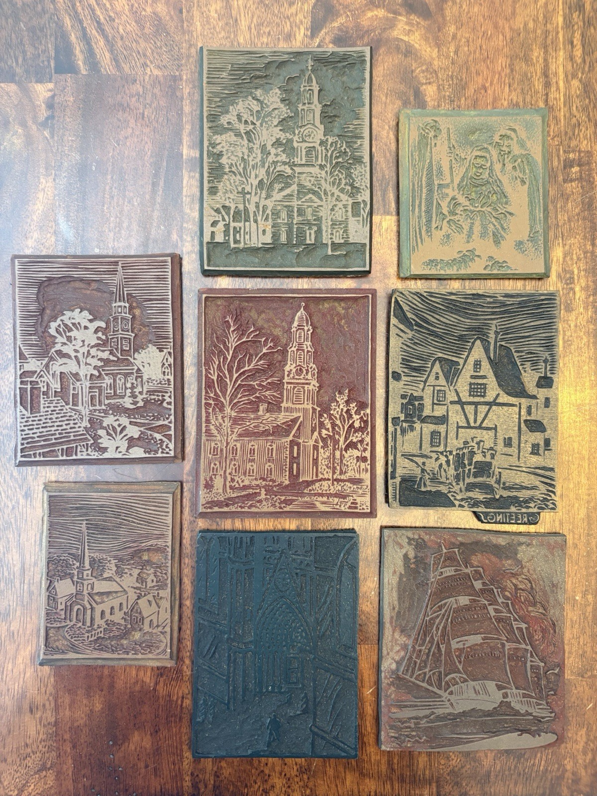 Lot Of 8 Vintage Carved Printing Blocks Religious Sailing