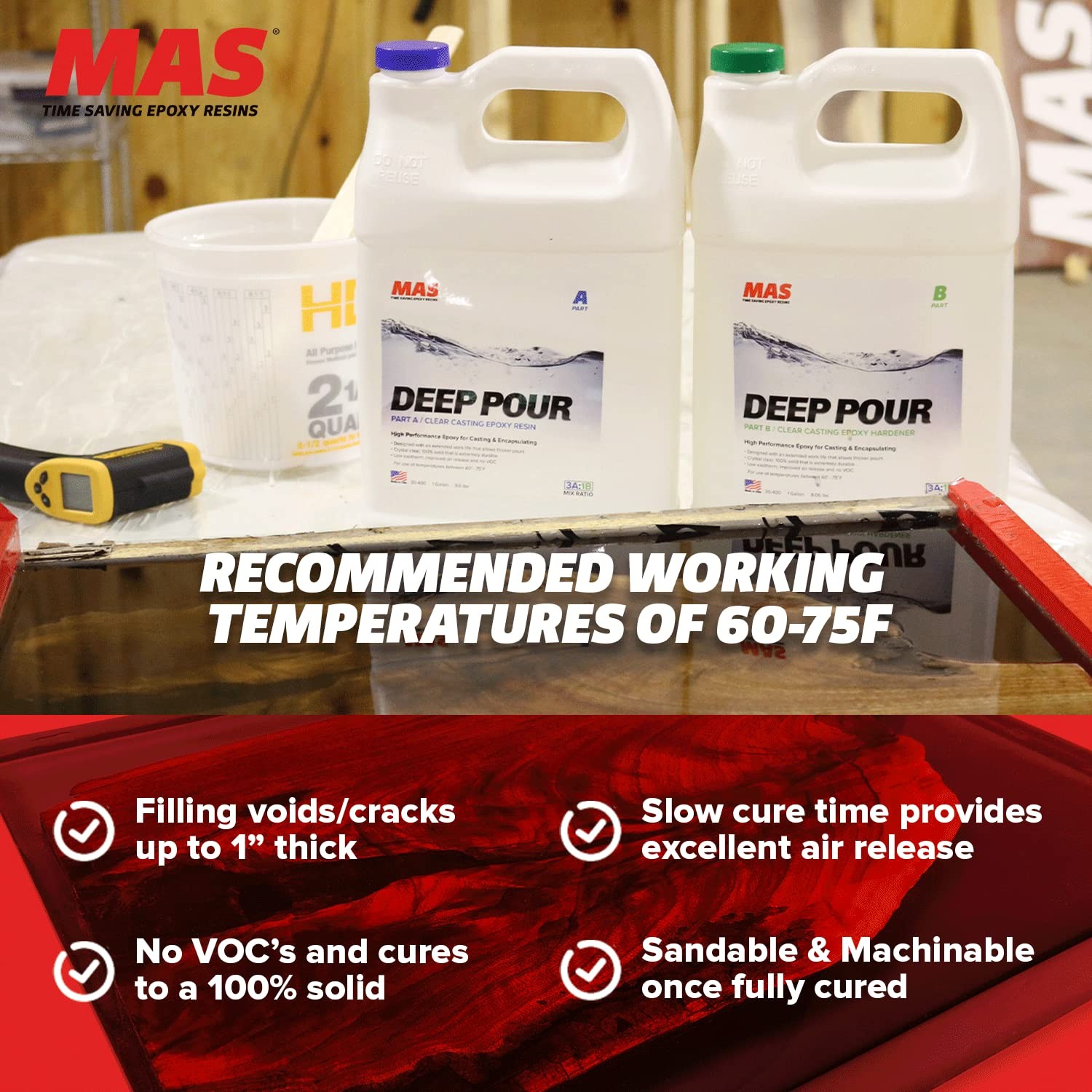 Deep Pour Epoxy Resin Kit 1.3 Quart Crystal Clear – Max 1″ Casting Thickness