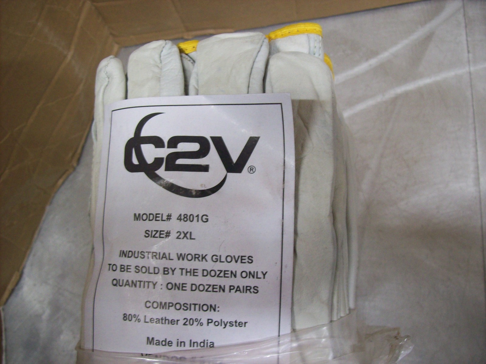 ONE DOZEN C2V Polyester & Cowhide Leather Gloves 4801G / SIZE 2XL