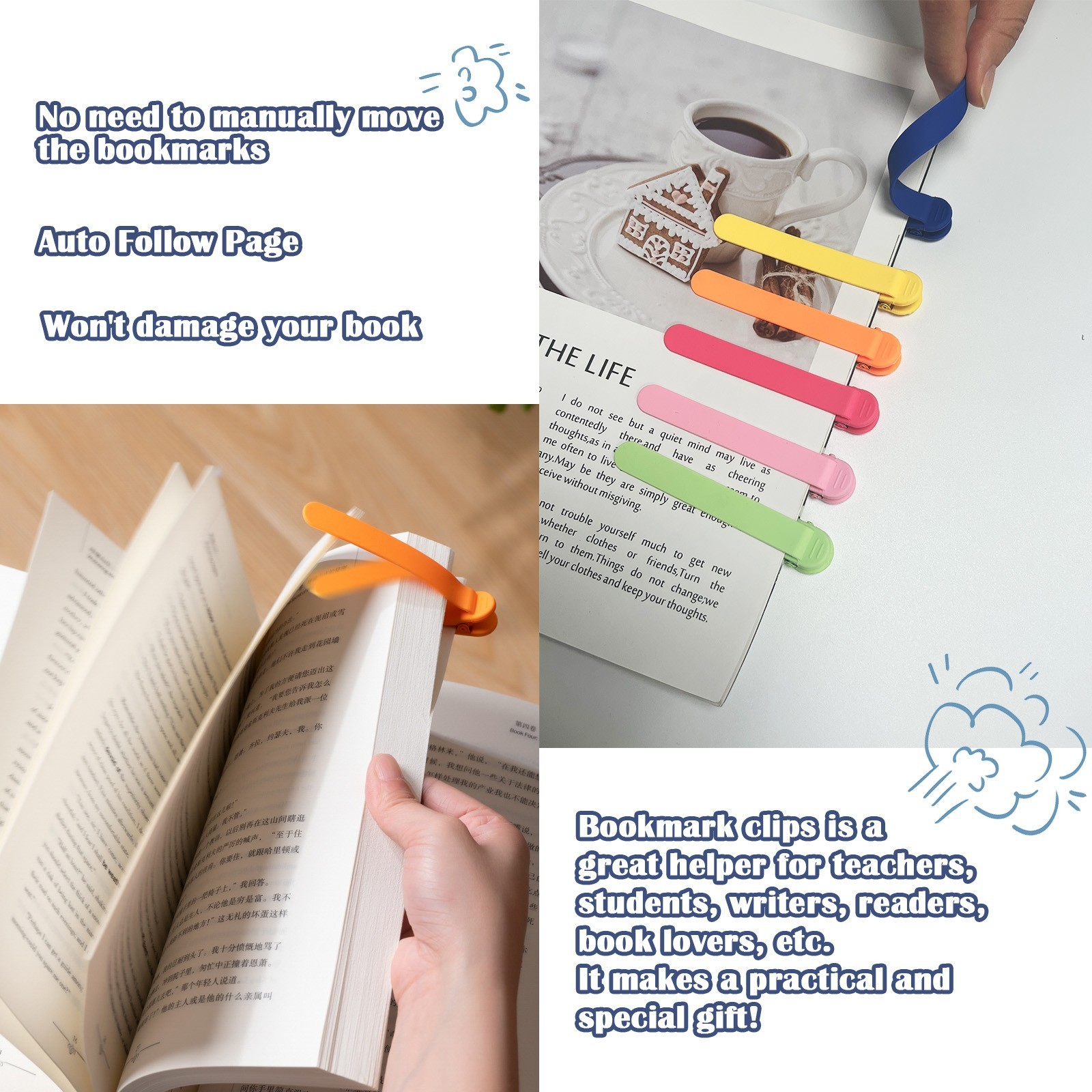 6pcs Automatic Bookmark with 120Pcs Sticky Tabs, Smart Bookmark for Bookish Gift