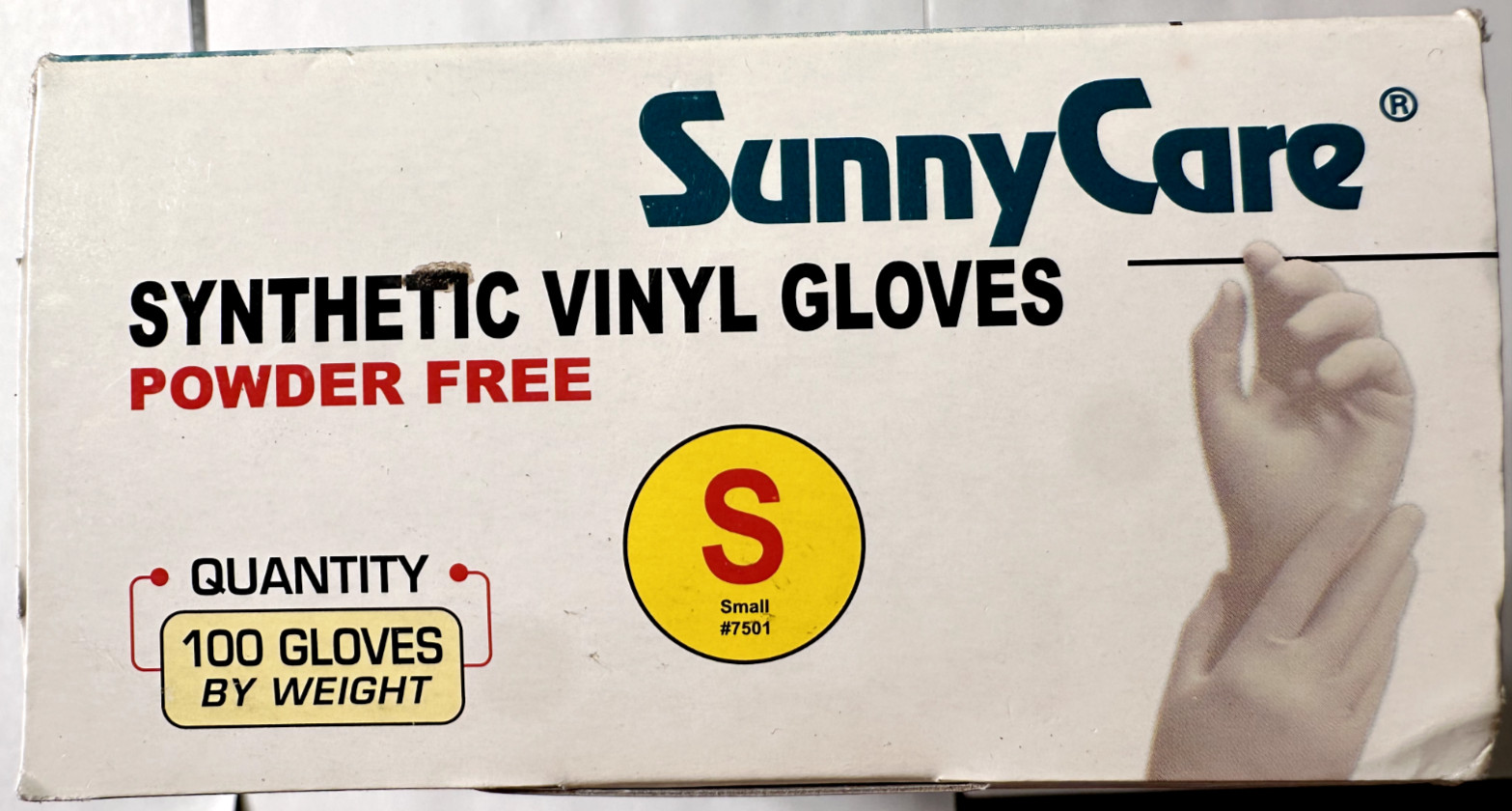 100 SunnyCare #7501 Synthetic Vinyl Gloves Powder Free (Latex/DOP Free) – S