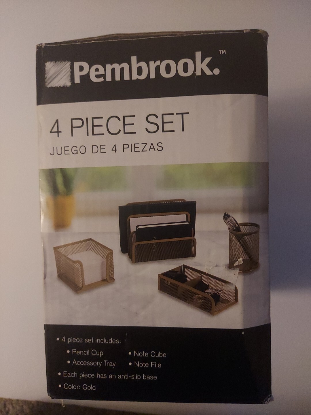 PEMBROOK 4 PIECE DESK SET Pencil Cup Note Cube Accessory Tray (GOLD)