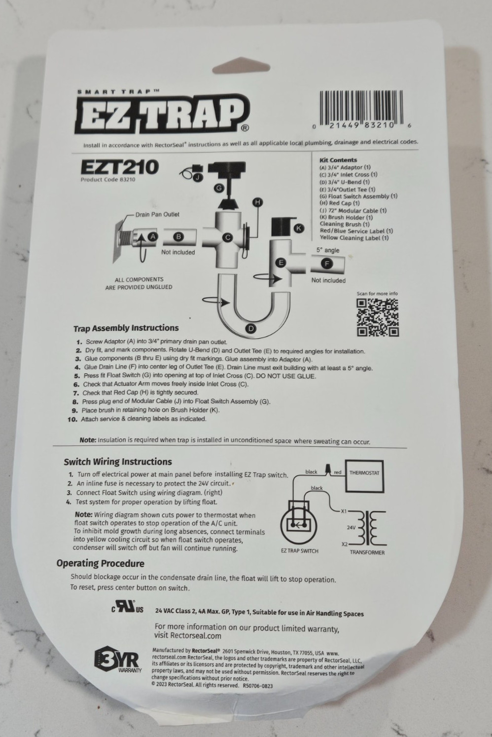 Rectorseal 83210 EZT210 Condensate Trap w/ Overflow Safety Switch EZ 210 brush