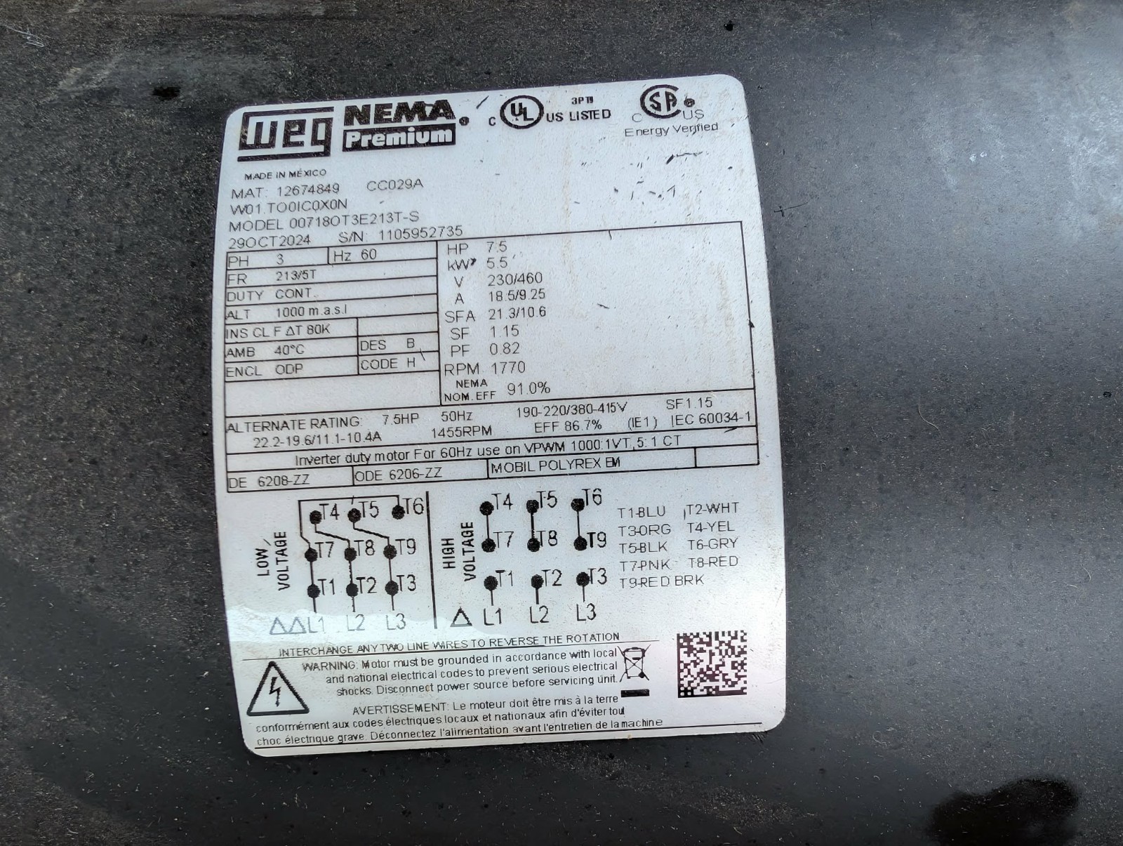 00718OT3E213T-S WEG motor 7 1/2 HP 1,770 Nameplate Open Drip Proof Rigid 3 Phase