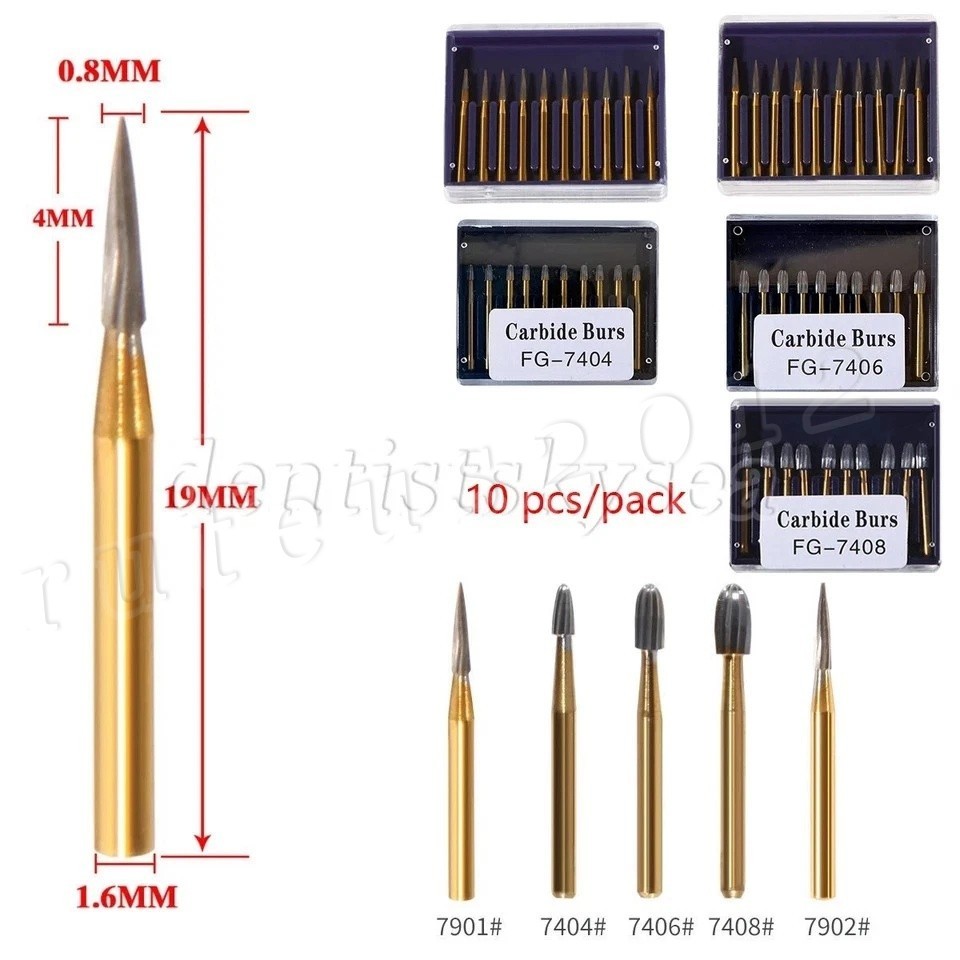 10*Tungsten Carbide Gold Burs Trimming Finishing FG7901 /7902/ 7406 /7408 Dental