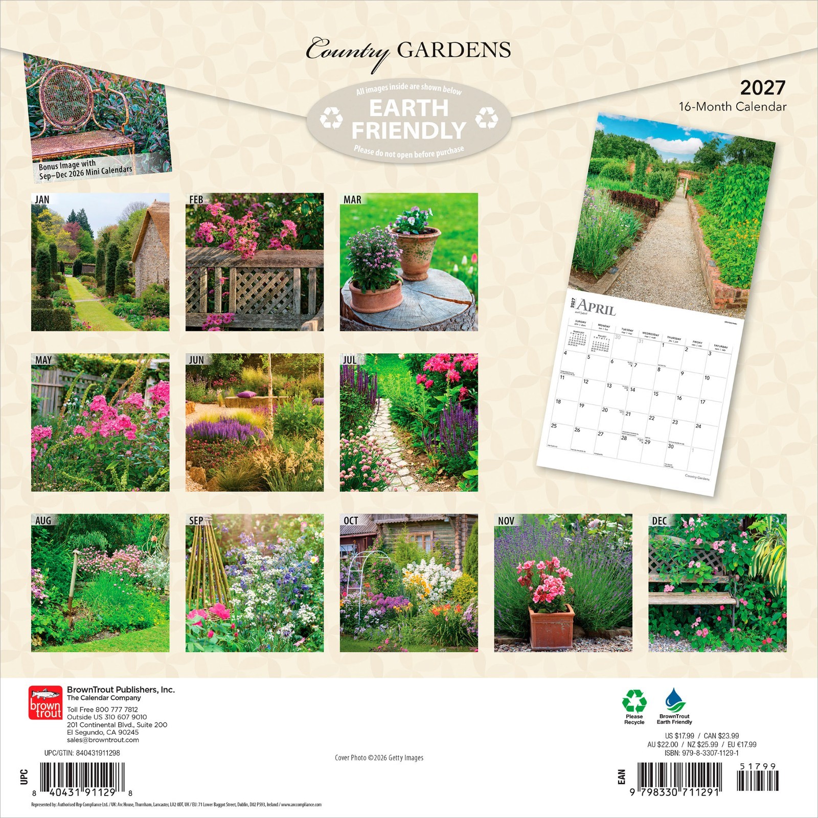 Country Gardens | 2027 12×24″ (Hanging) Square Wall Calendar | Plastic-Free