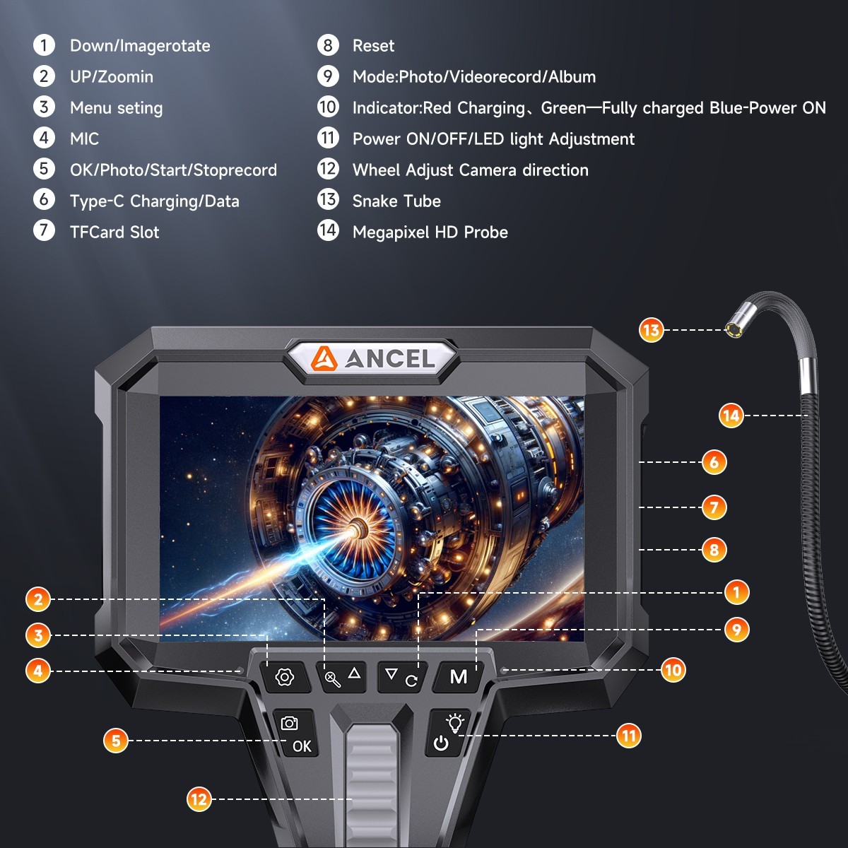 Ancel AN302 Bidirectional Articulated Endoscope 32GB Card 6.5MM Snake Camera