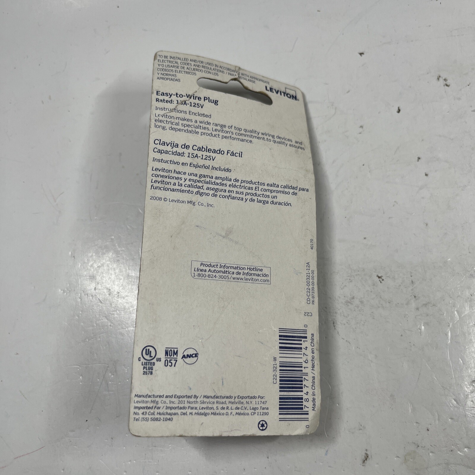 Leviton C22-00321-00W White Thermoplastic 10A 2-Pole 2-Wire Straight Blade Plug