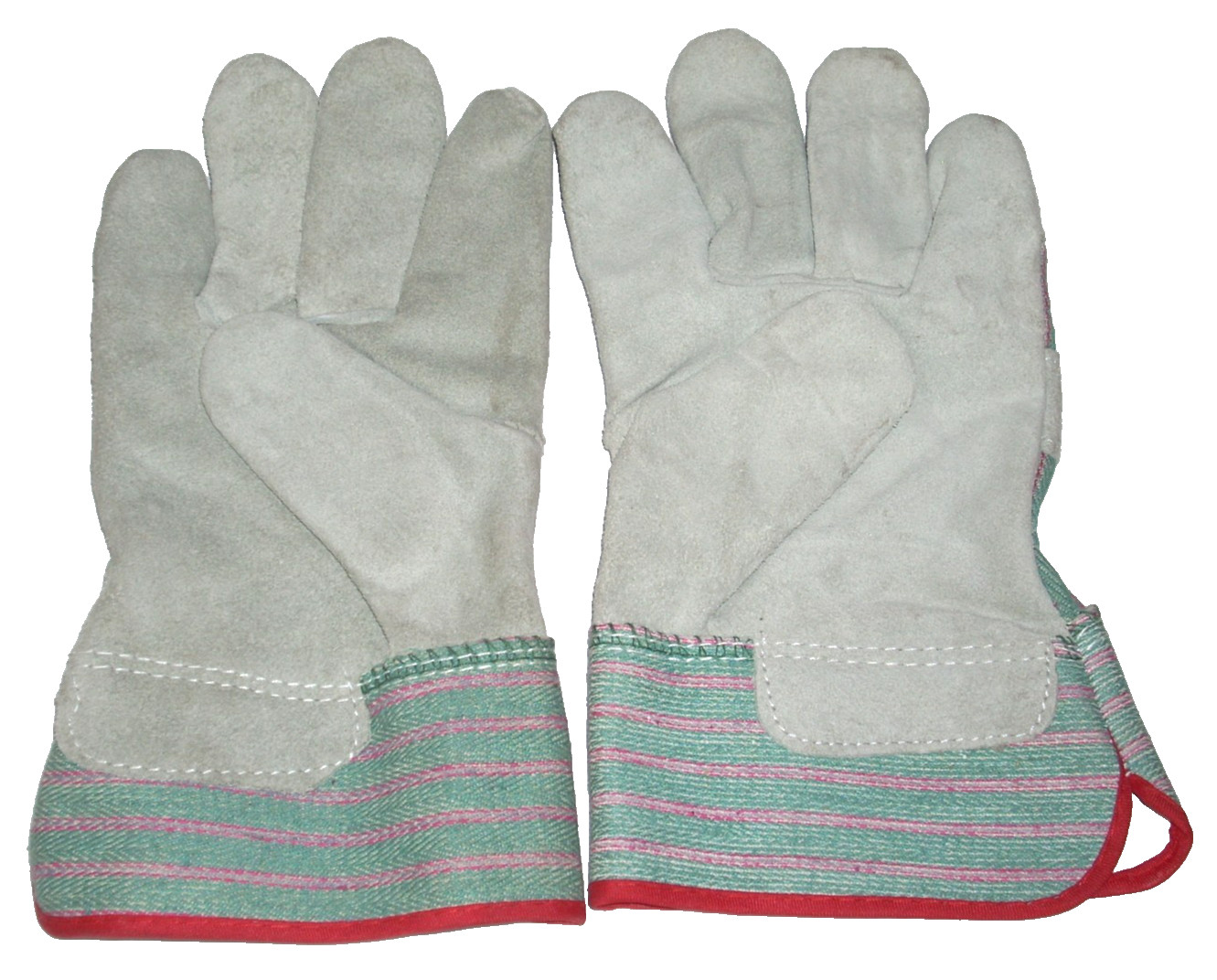 Leather Palm Canvas Back Work Gloves Gray/Green Red Seam Size Small