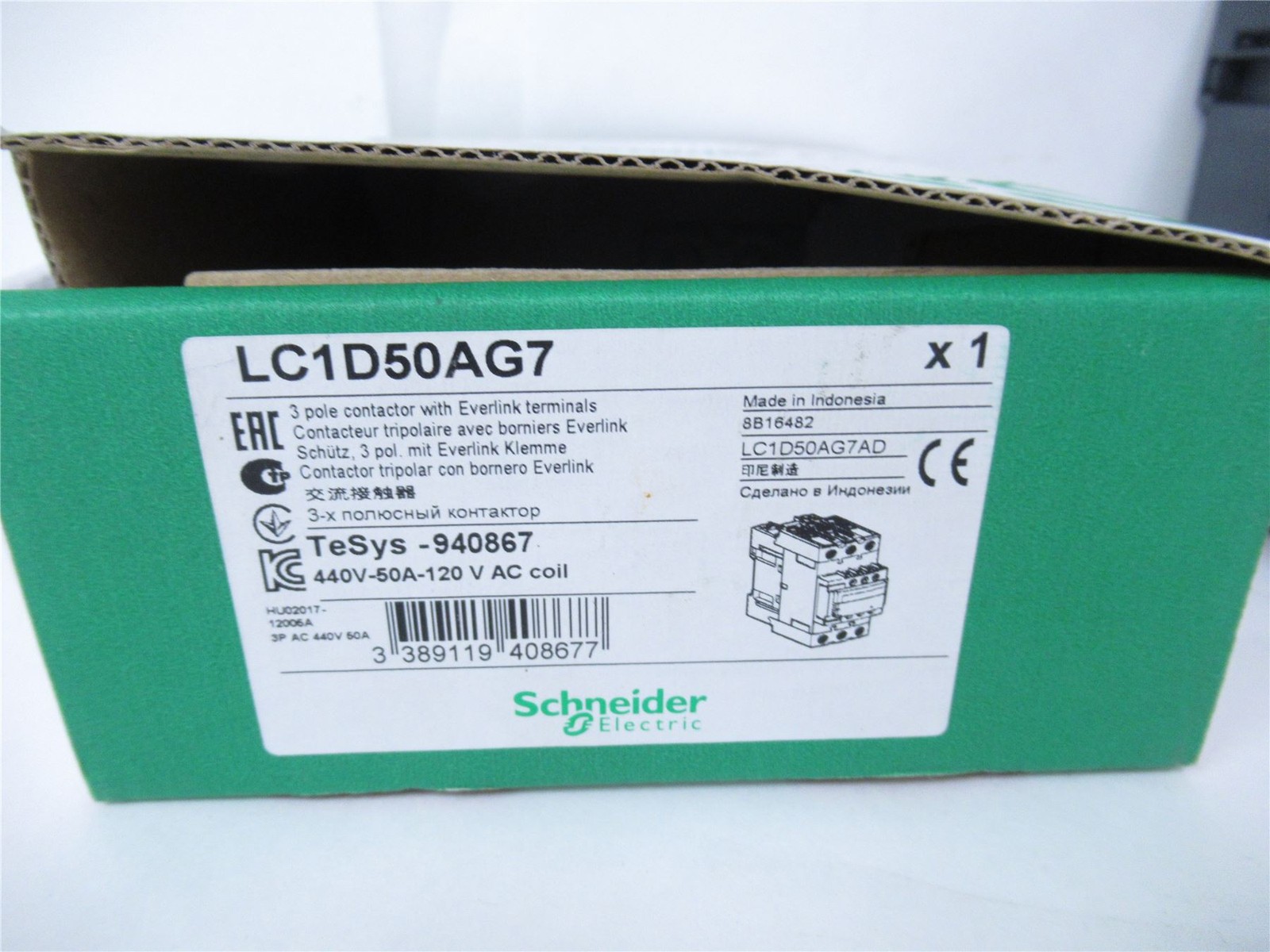 241244 New-No Box; Schneider LC1D50AG7 Contactor50A 440V 3P Coil 120VAC DINrail