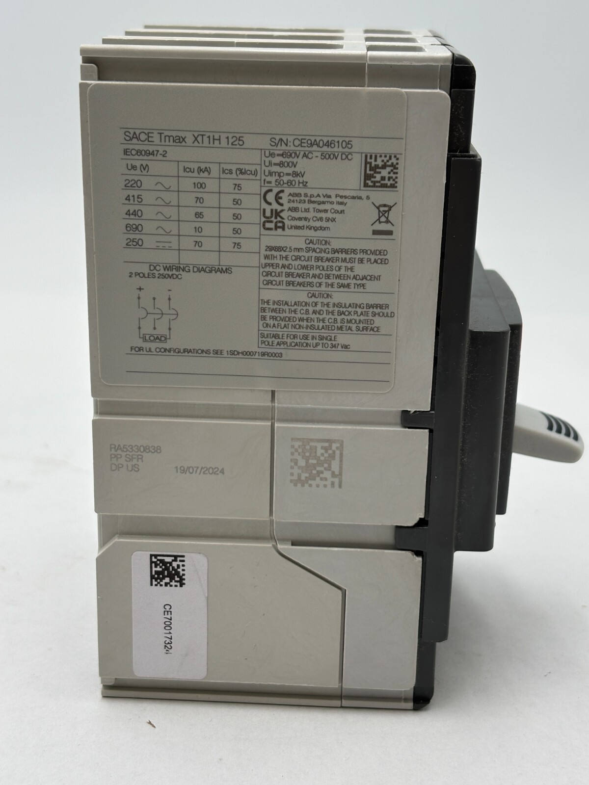ABB SACE Tmax XT1H125 Bolt-On Circuit Breaker 90A 600VAC 3P 3PH Type XT1H 3 Pole