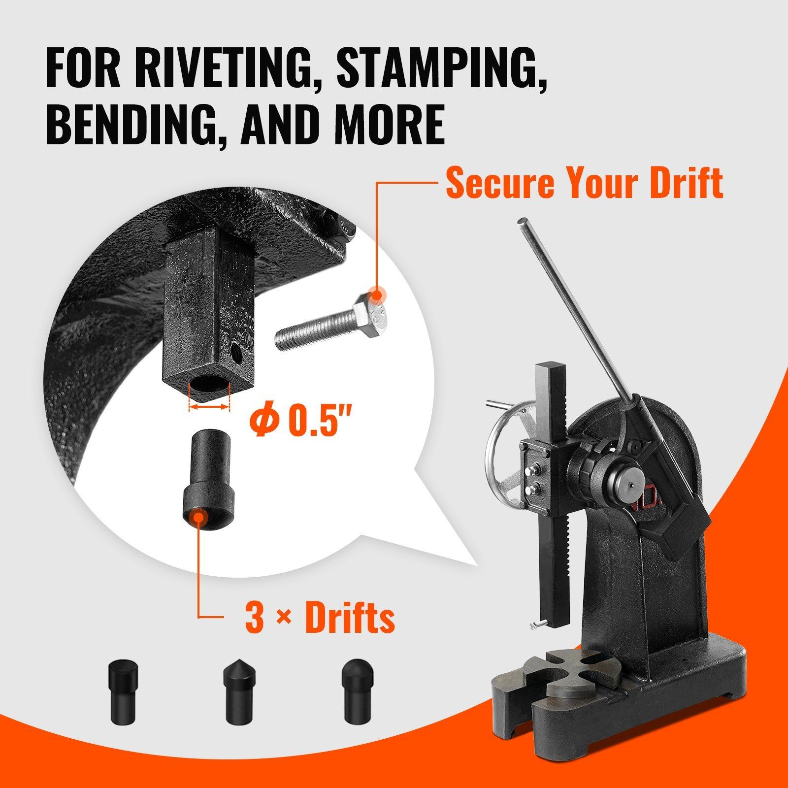 Arbor Press 3 Ton, Cast Iron, Ratchet Leverage, Handwheel Adjust, 12.2″