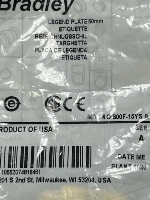 Bag of 10 pcs – 800F-15YS Ser A 60mm Legend Plate New in Sealed Bag