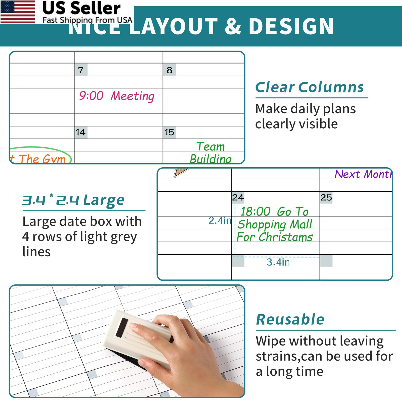 Large Dry Erase Calendar for Wall – Undated 3 Month 28″ x 40″, Green