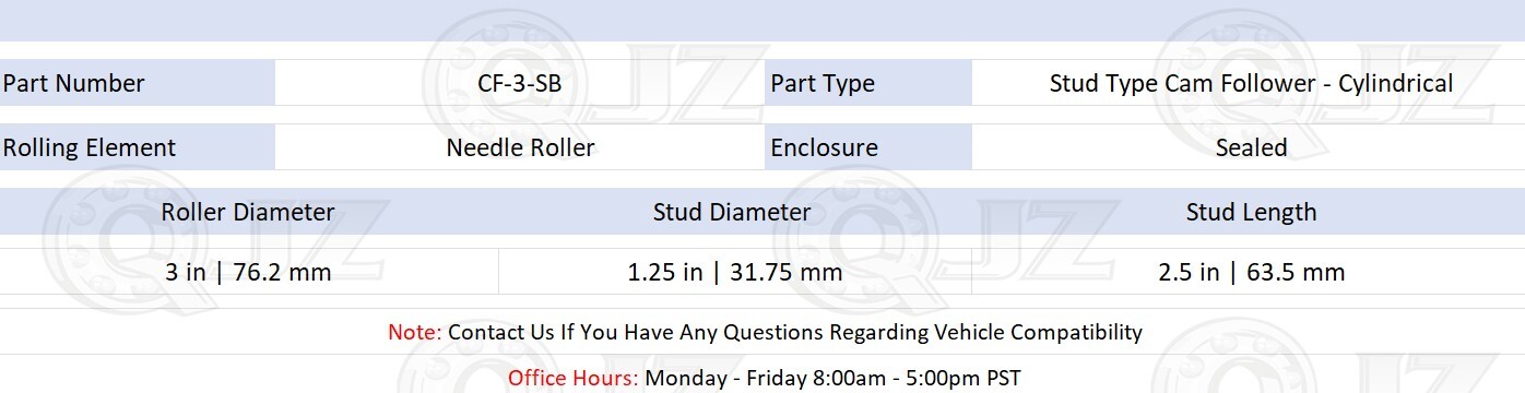 [(Qty.1)] CF-3-SB Stud Mount Cam Follower Cylindrical Roller Bearing Replacement