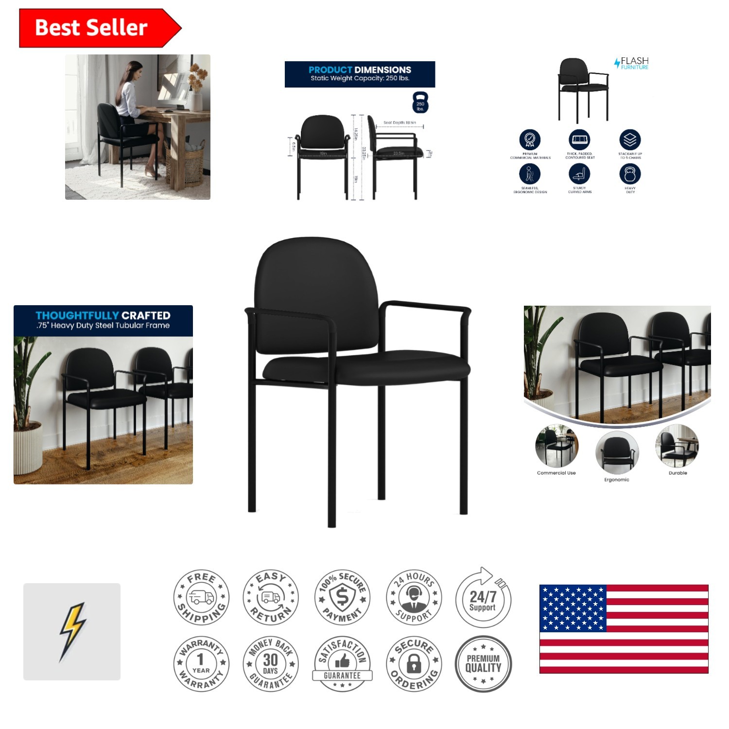 Elegant Black Vinyl Side Reception Chair with Comfort – Stackable & Lightweight
